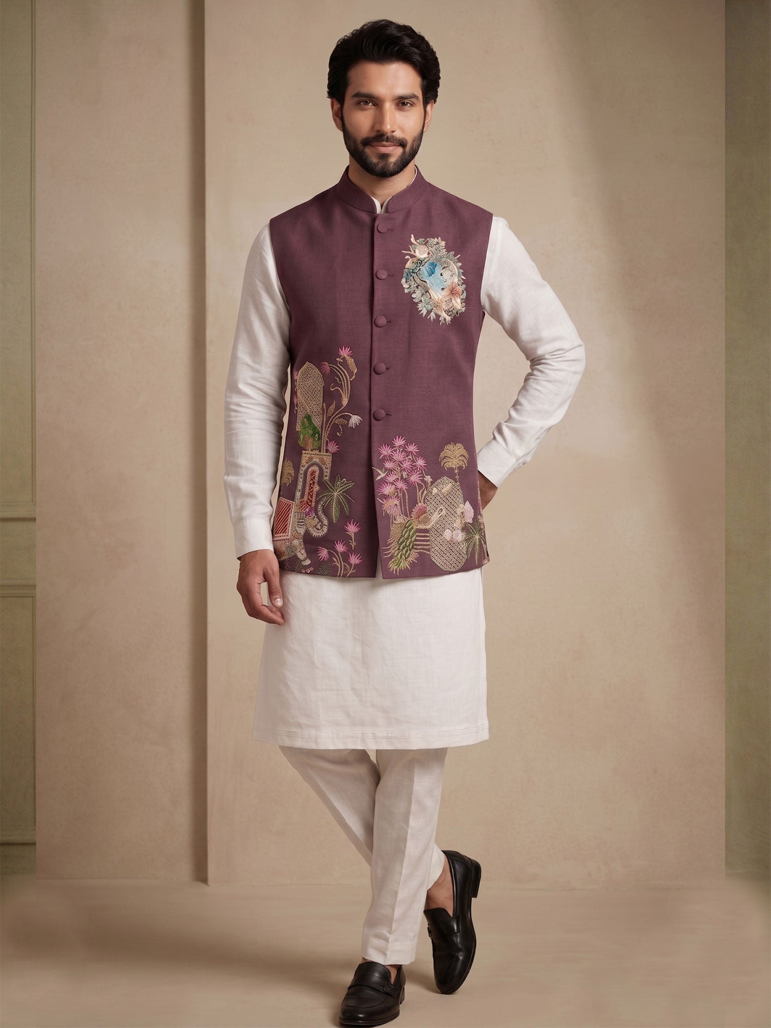 Off White Readymade Kurta Pyjama With Jacket