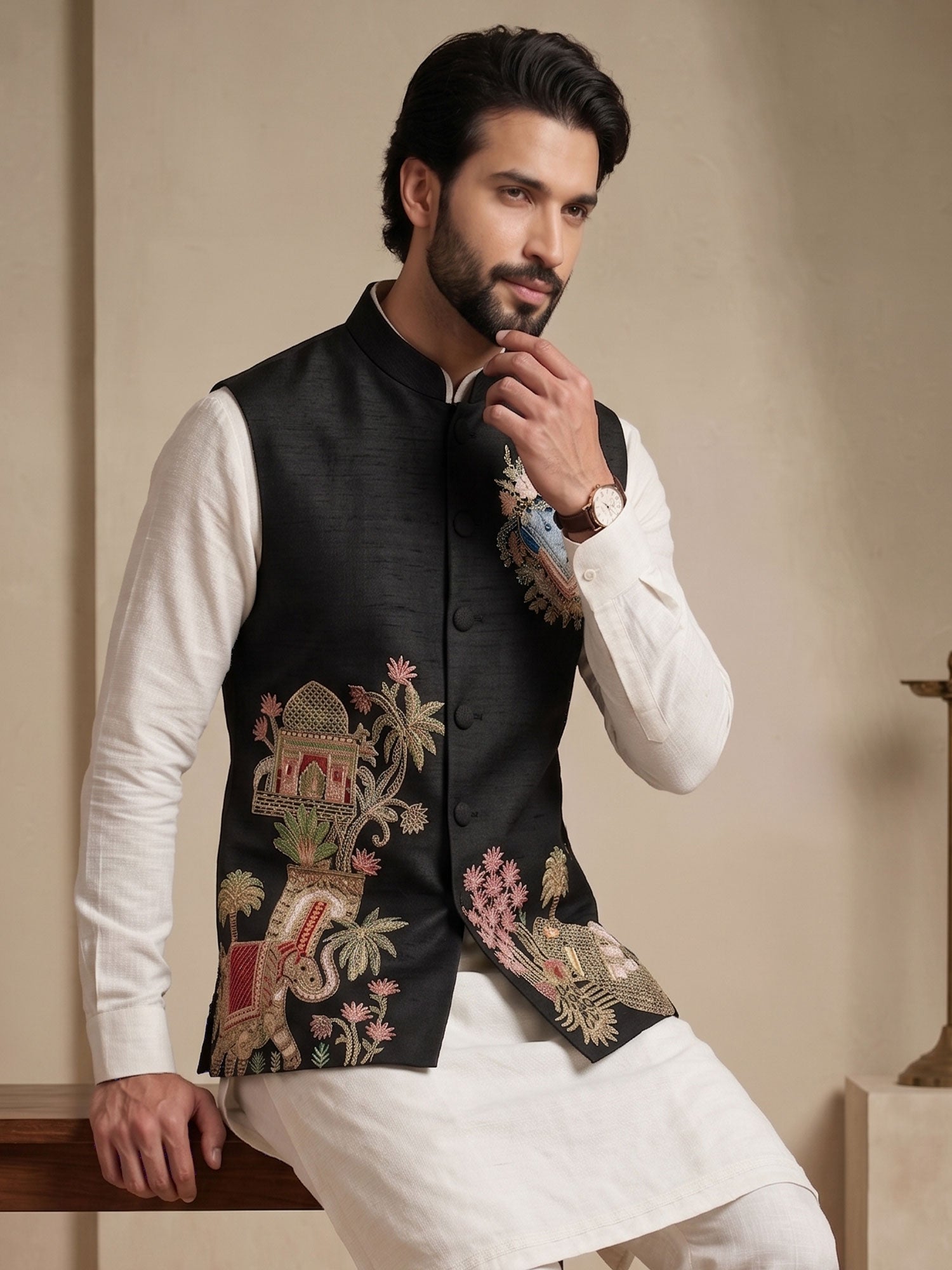 Off White Heavy Floral Work Kurta Set In Silk