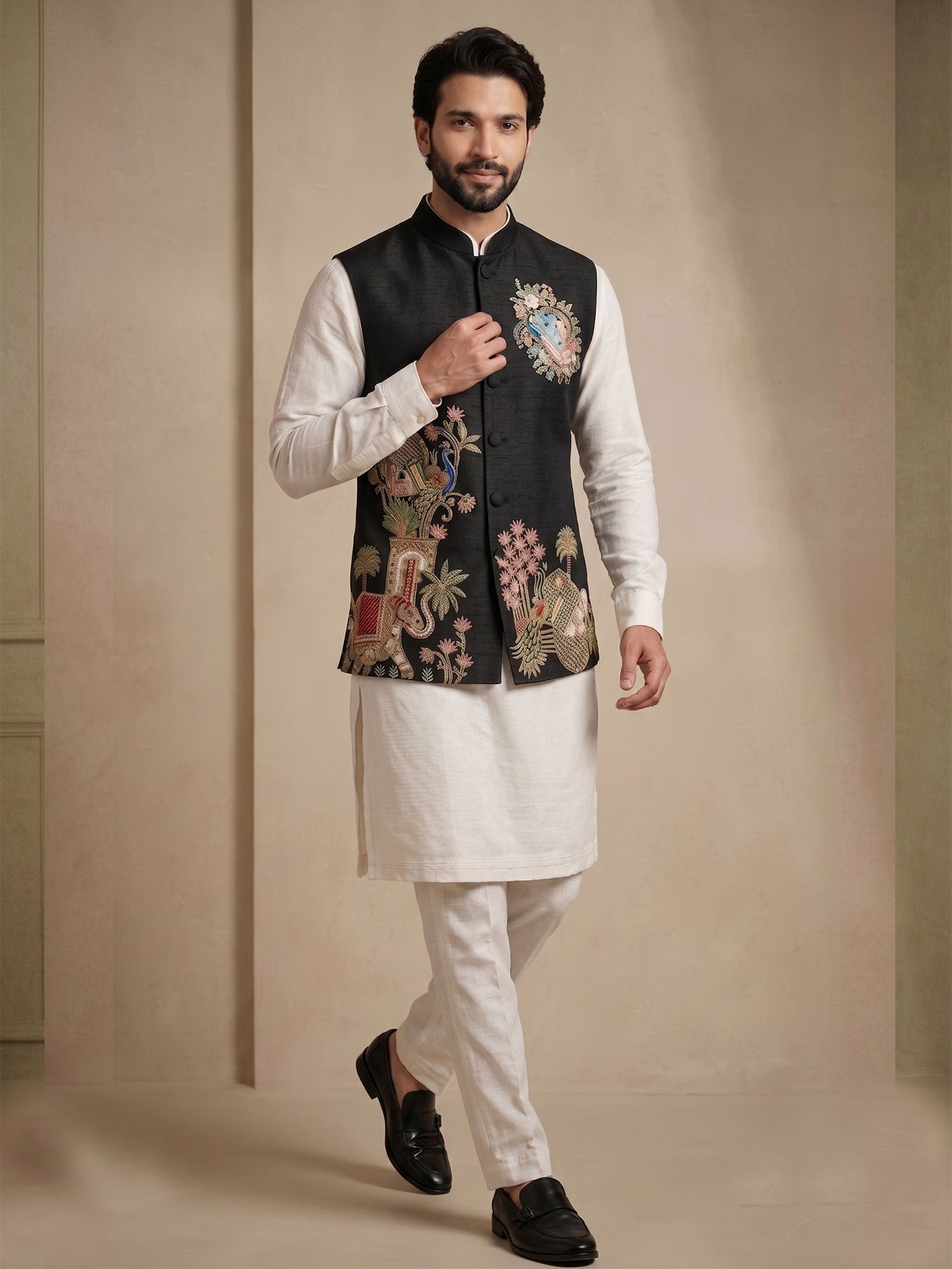 Off White Heavy Floral Work Kurta Set In Silk