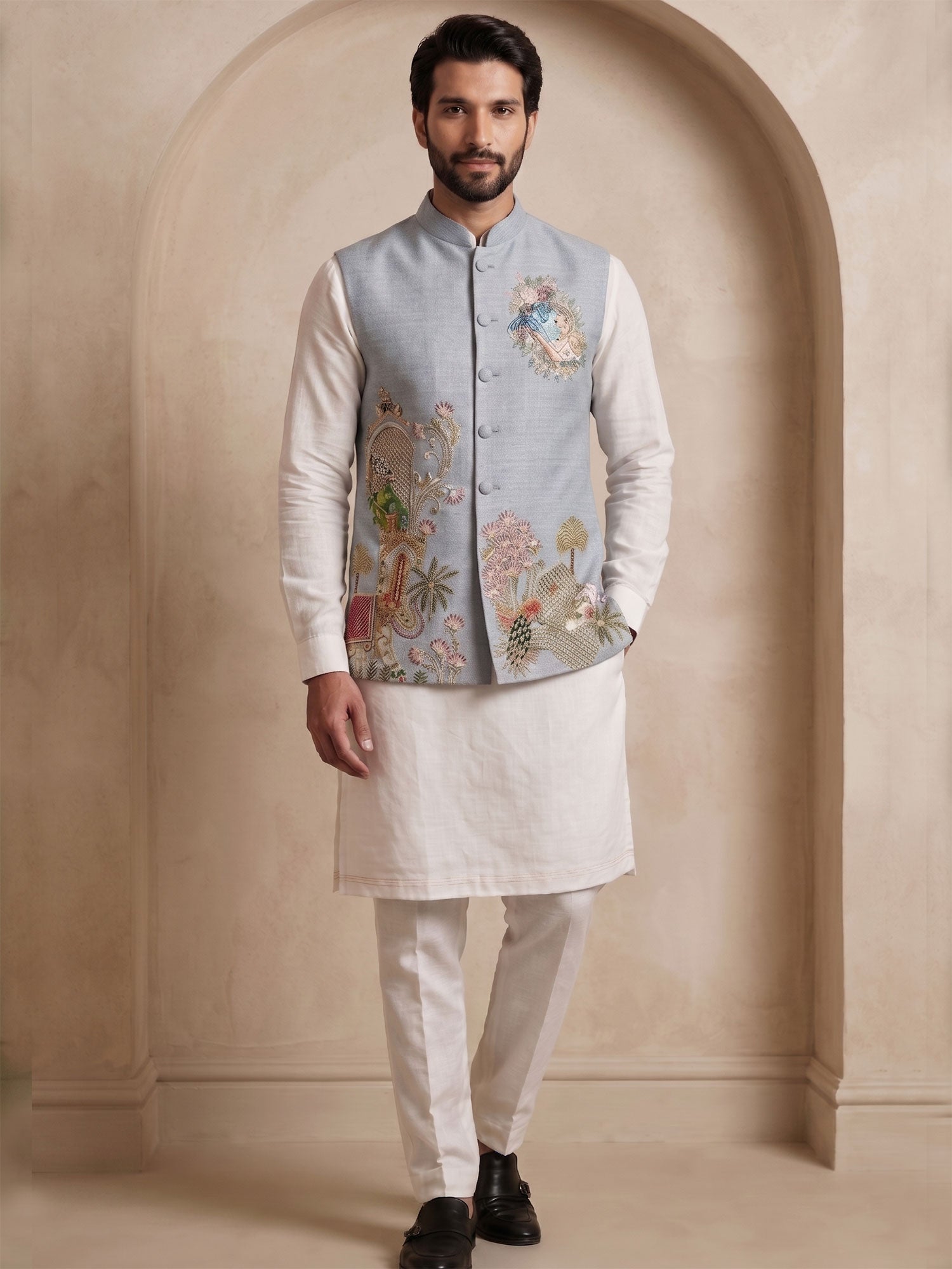Off White Viscose Silk Kurta Pyjama For Mens