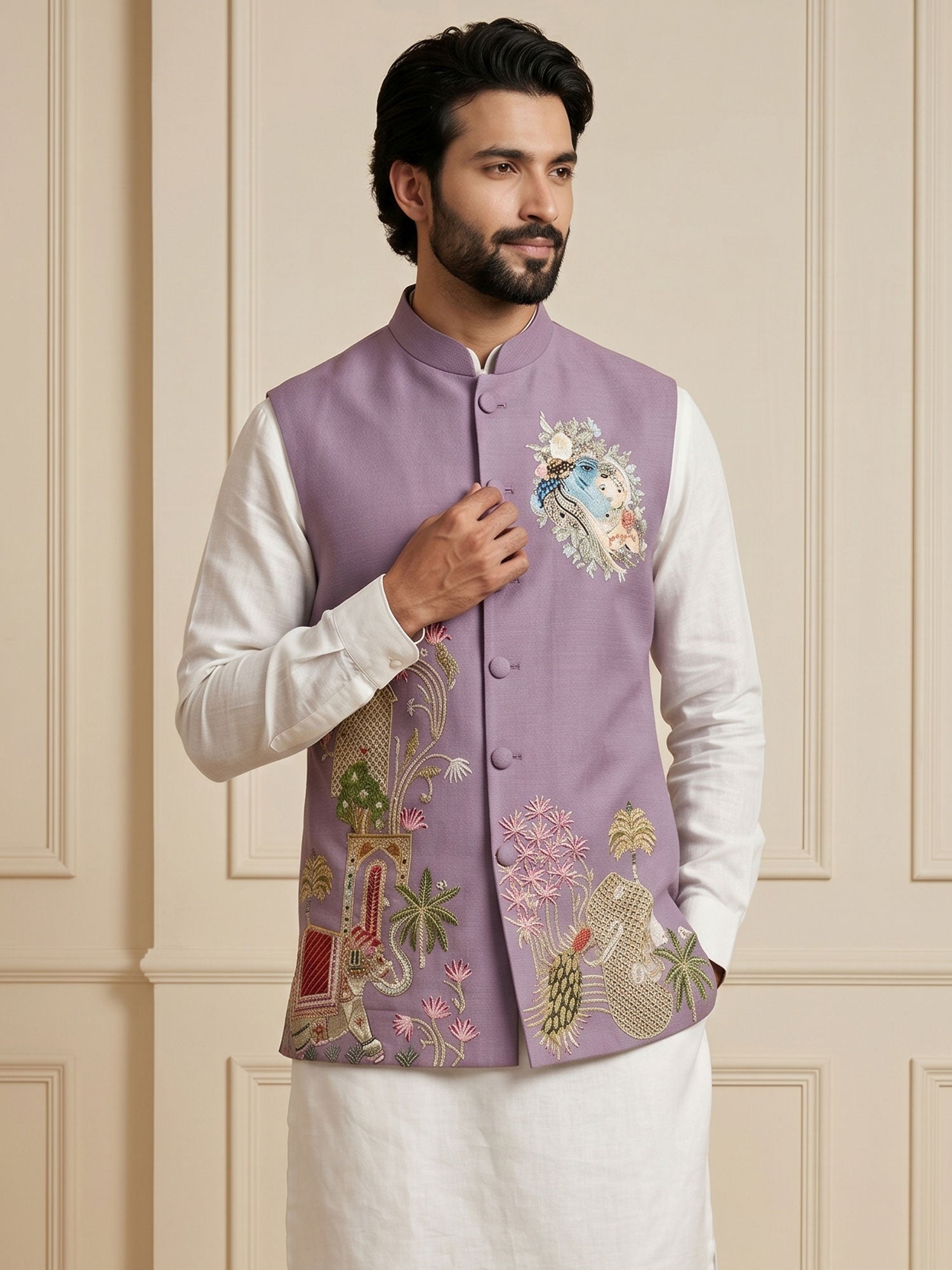 White Readymade Kurta Set With Embroidered Jacket