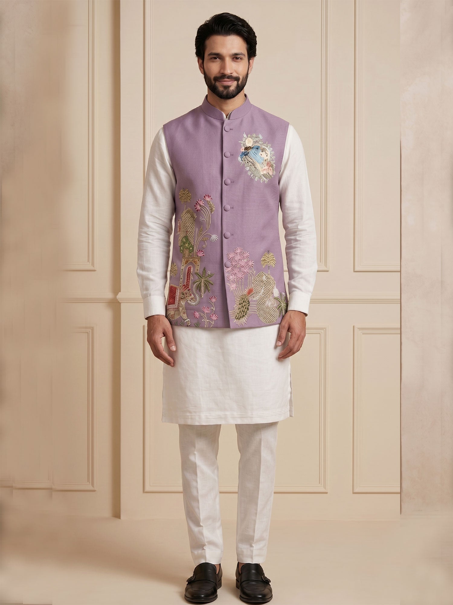 White Readymade Kurta Set With Embroidered Jacket