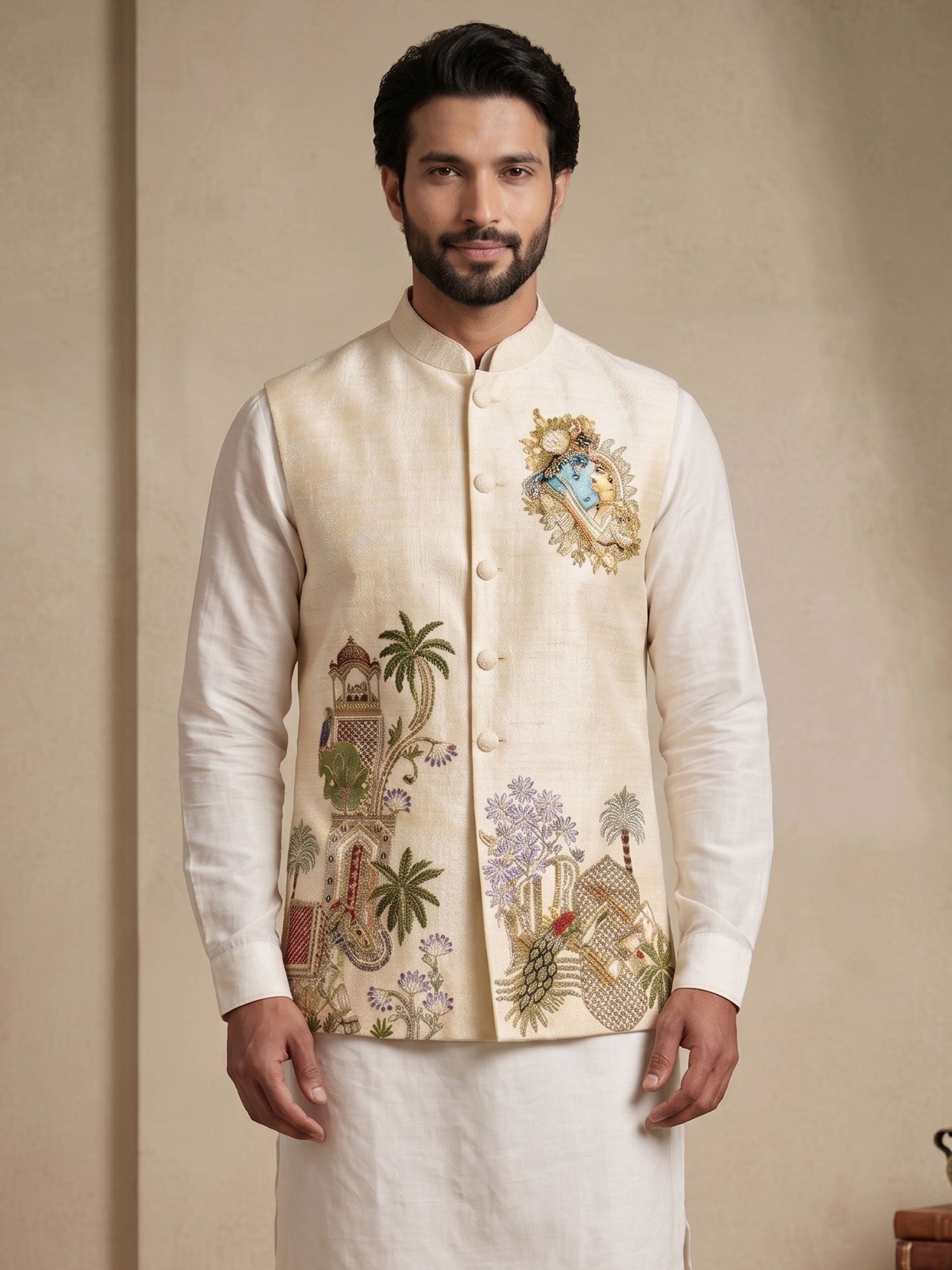 White Silk Kurta Set With Jacket In Floral Work