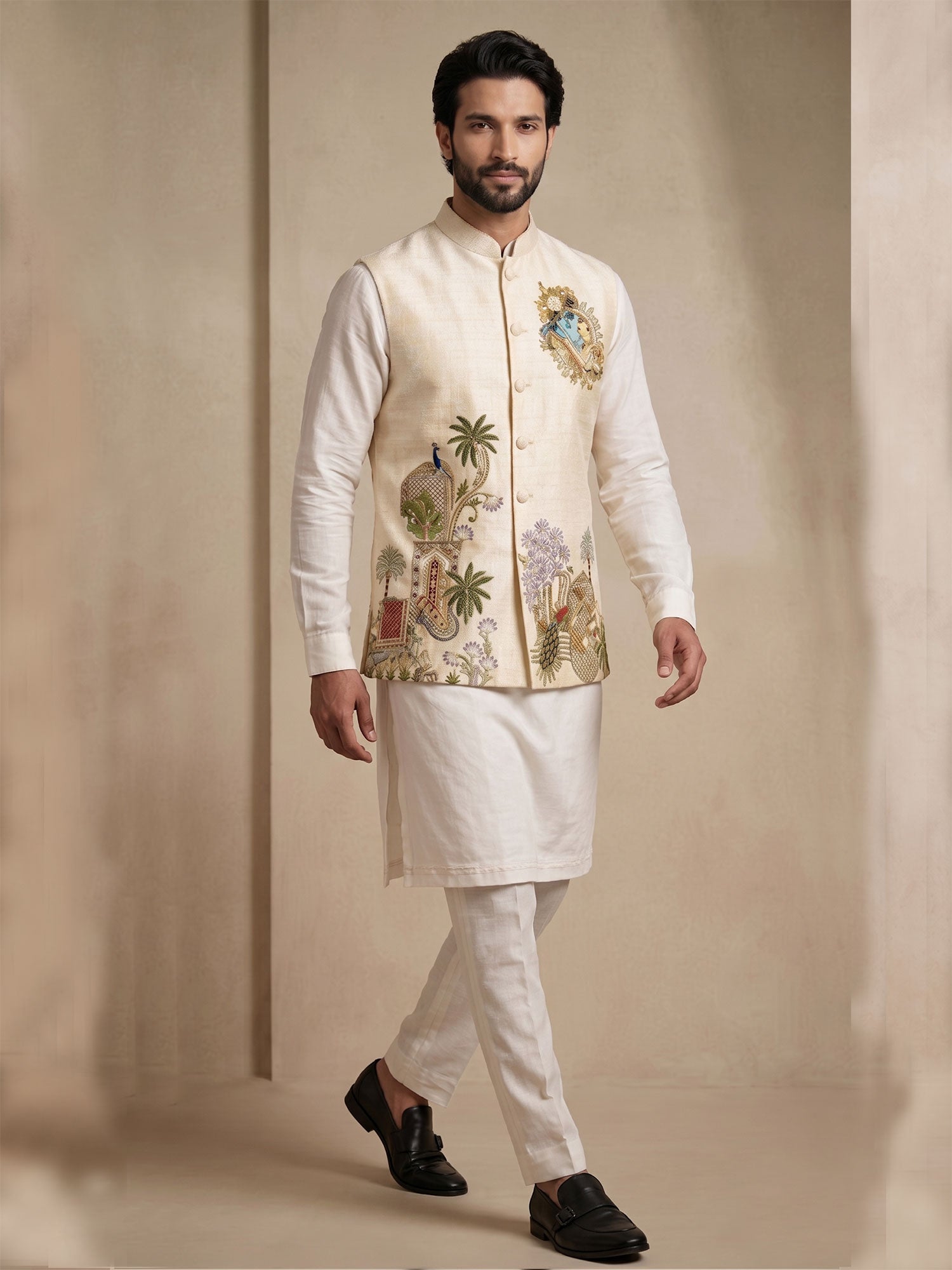 White Silk Kurta Set With Jacket In Floral Work