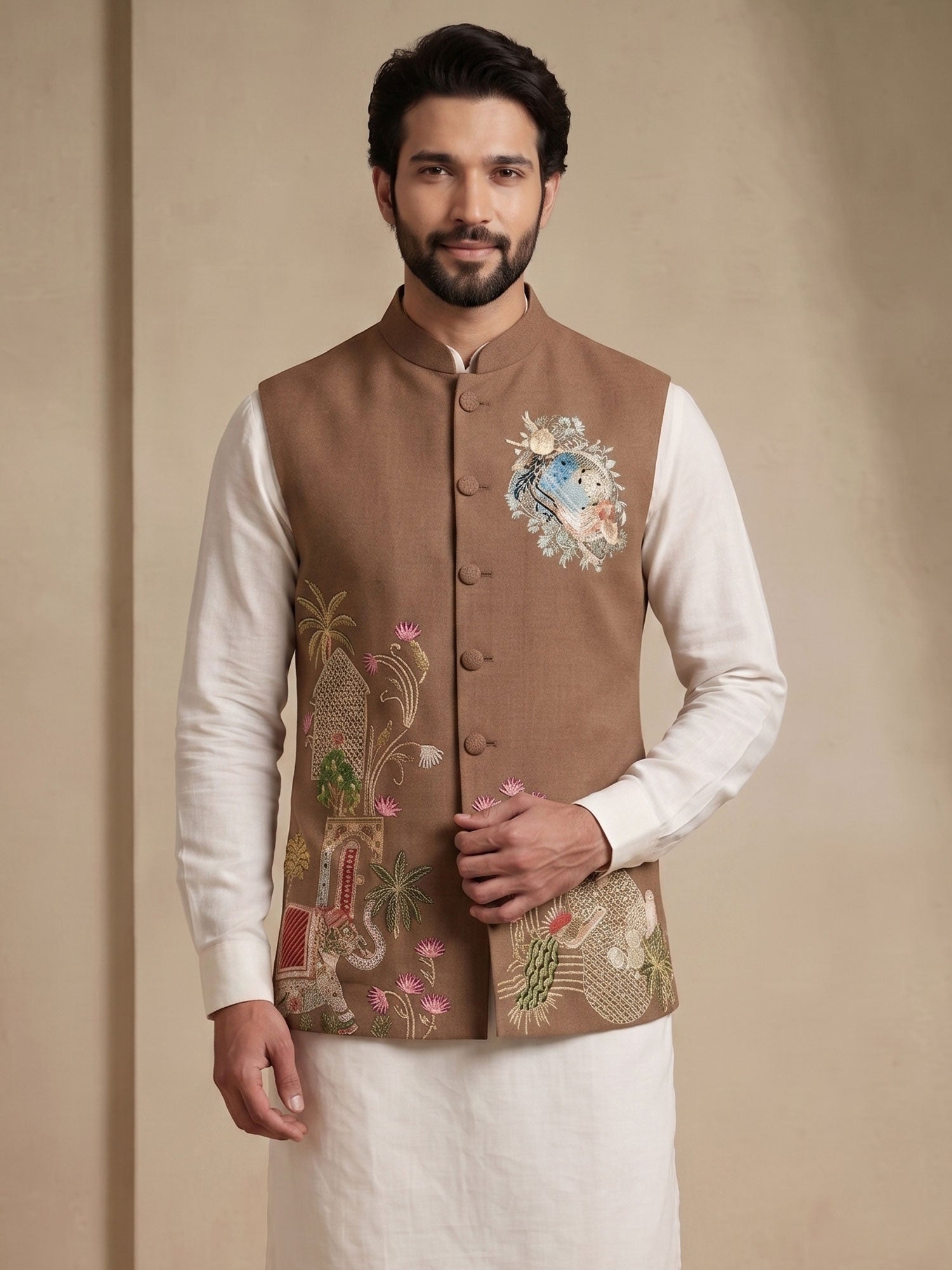White Menswear Kurta Pyjama With Jacket In Silk