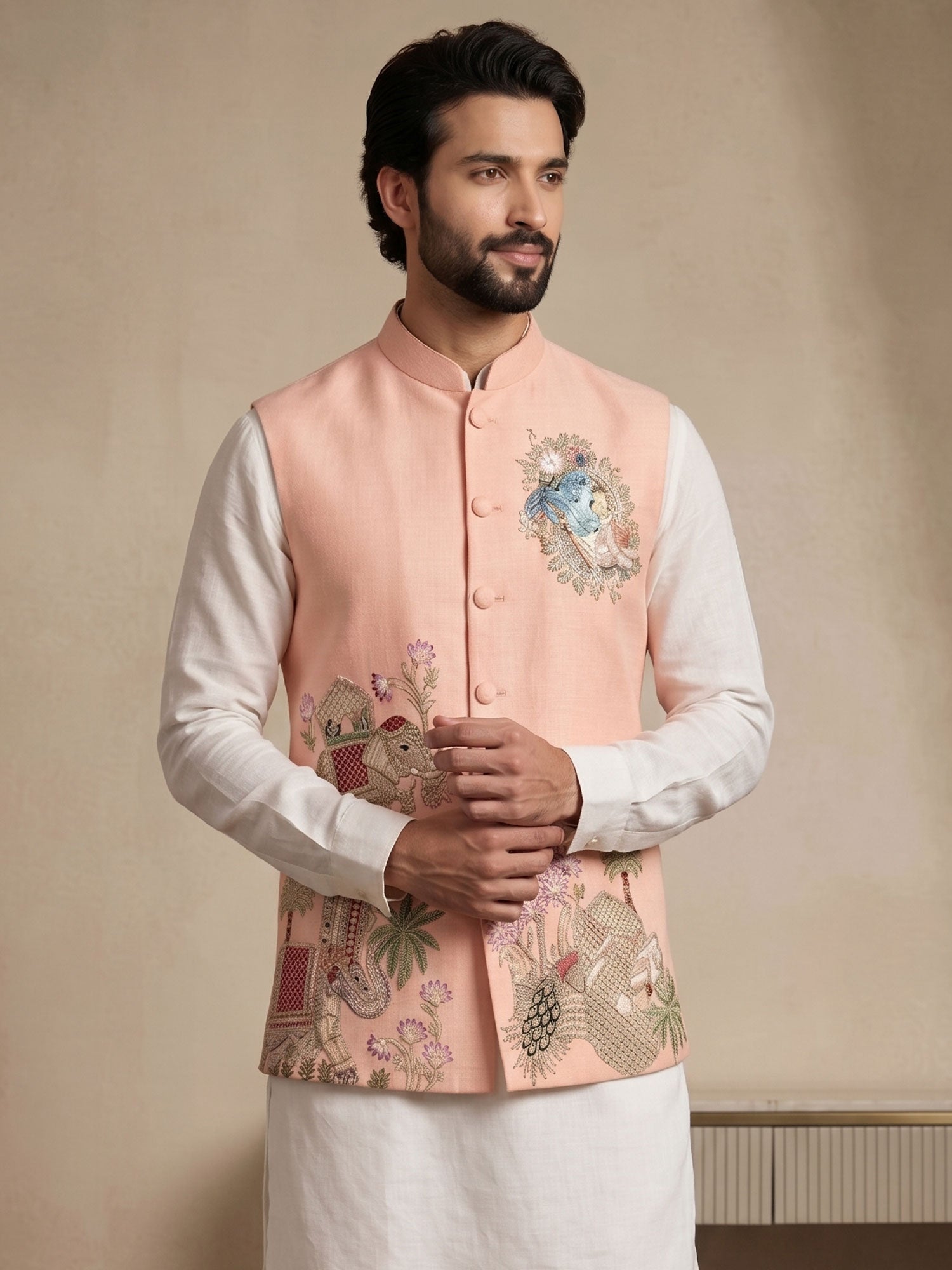 White Silk Kurta Set With Jacket For Mens