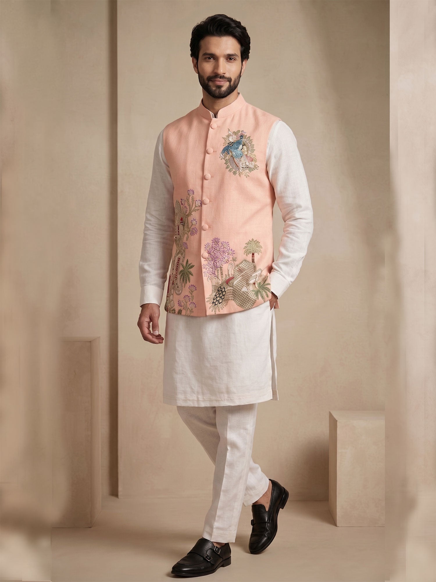 White Silk Kurta Set With Jacket For Mens