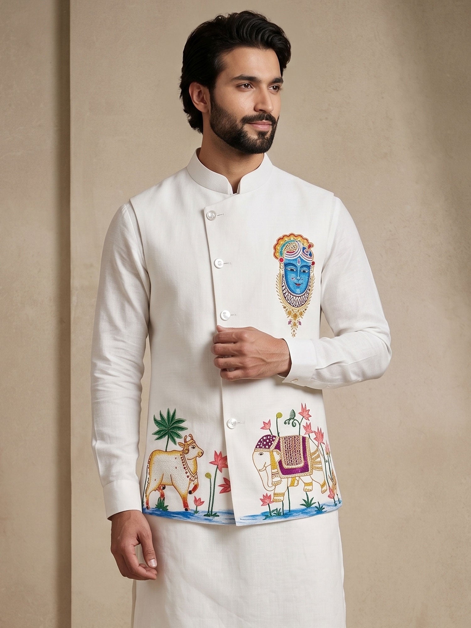 White Festive Wear Kurta Set With Jacket