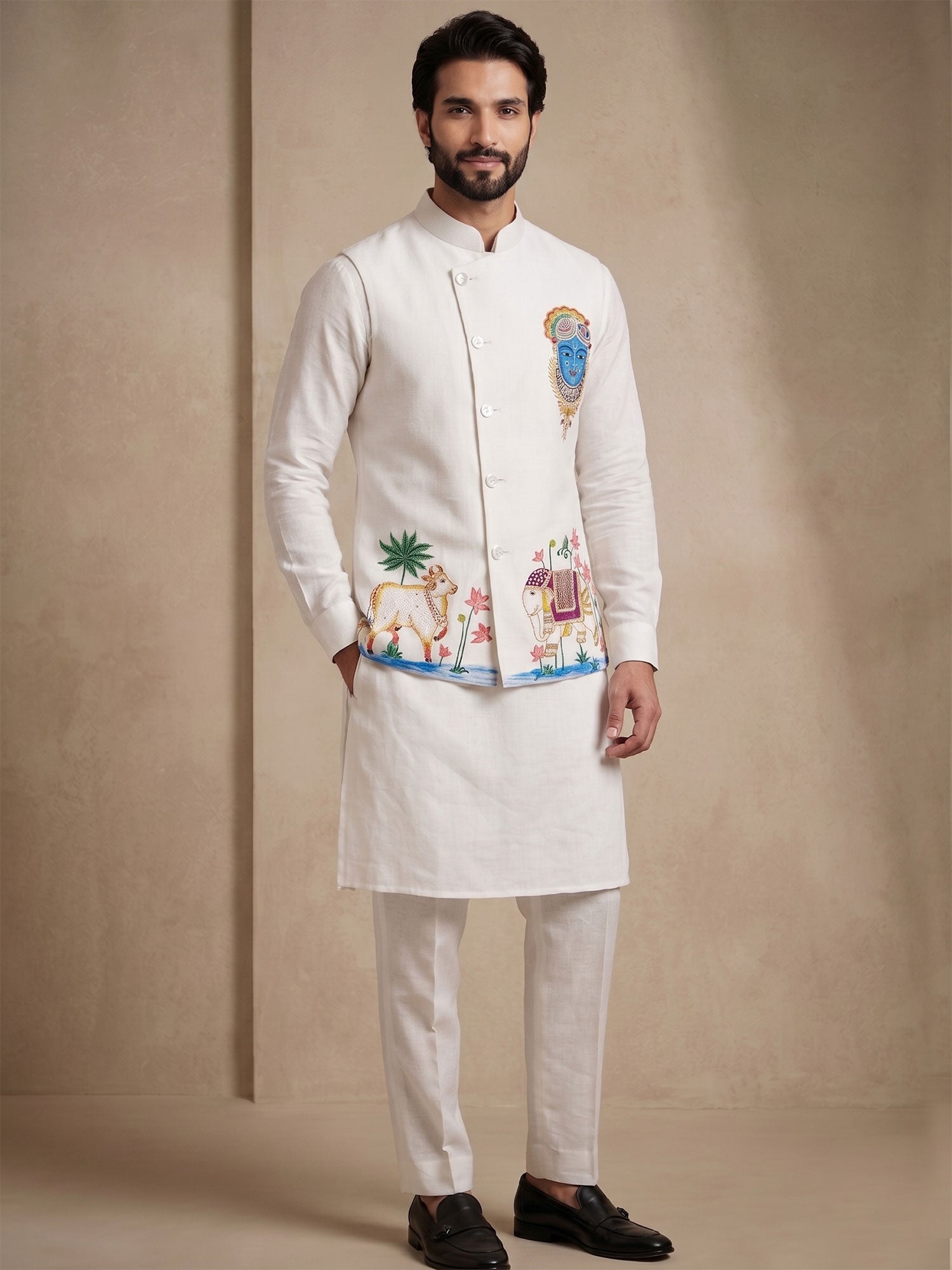 White Festive Wear Kurta Set With Jacket