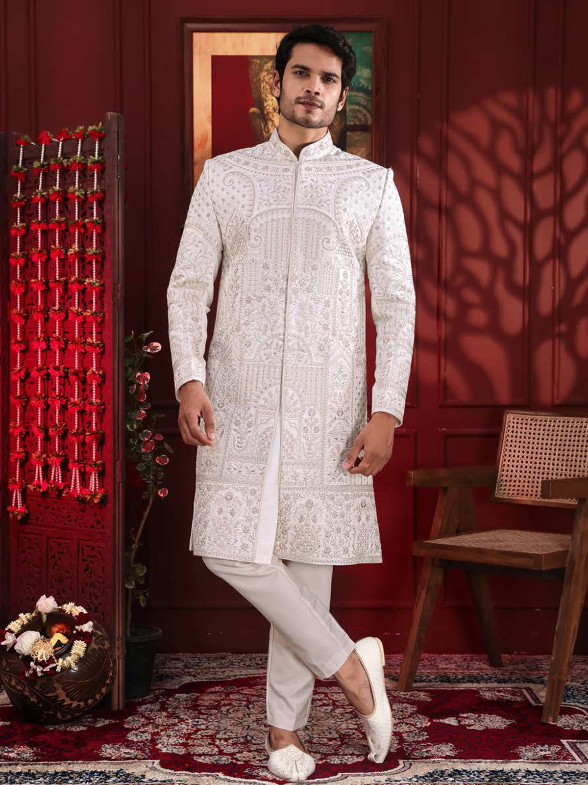 White Thread Work Indo-Western Sherwani