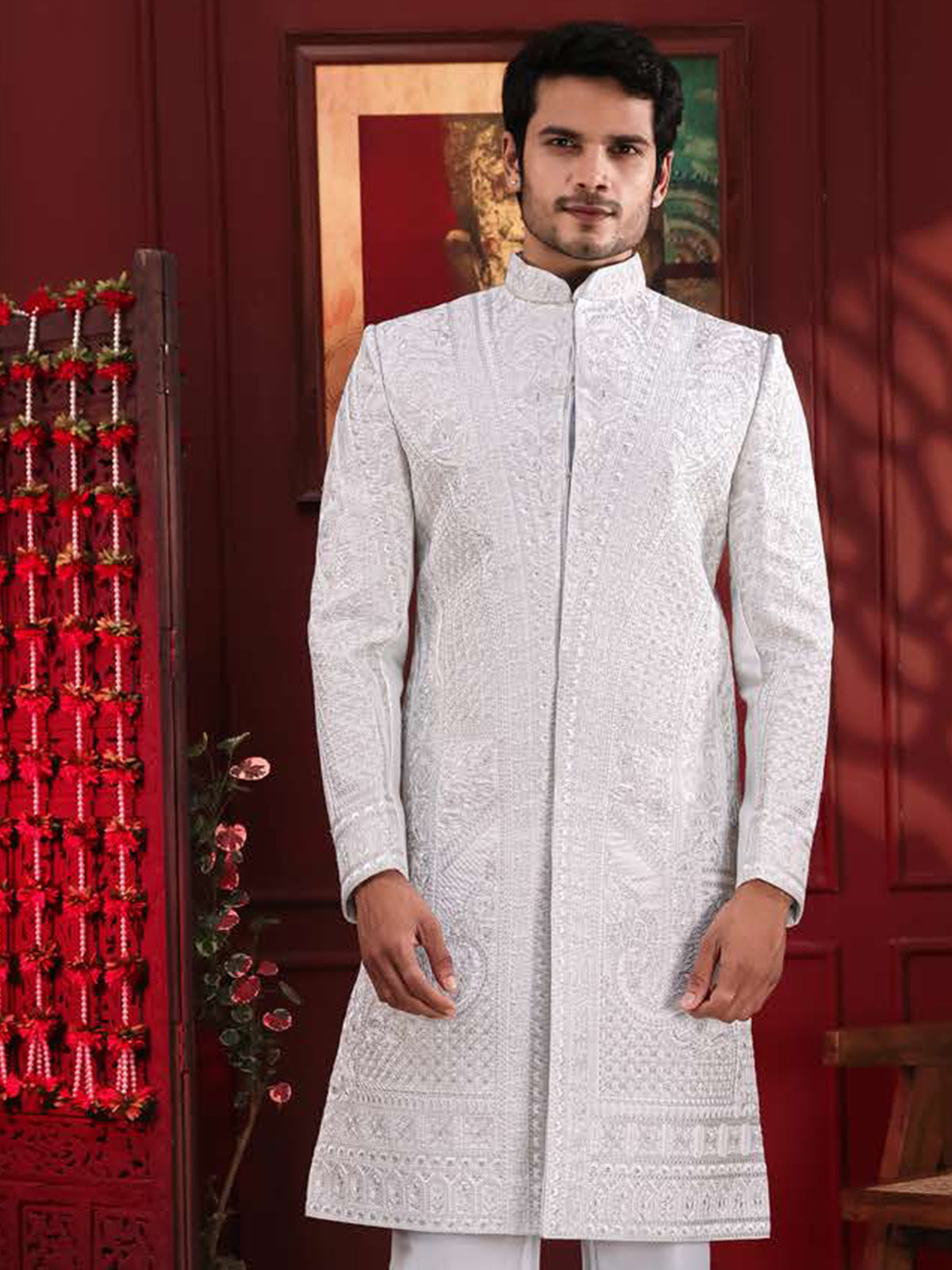 White Fine Threadwork Sherwani