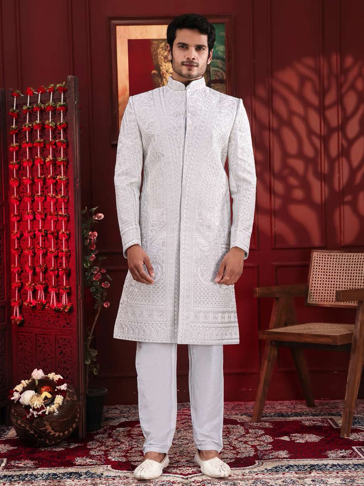White Fine Threadwork Sherwani