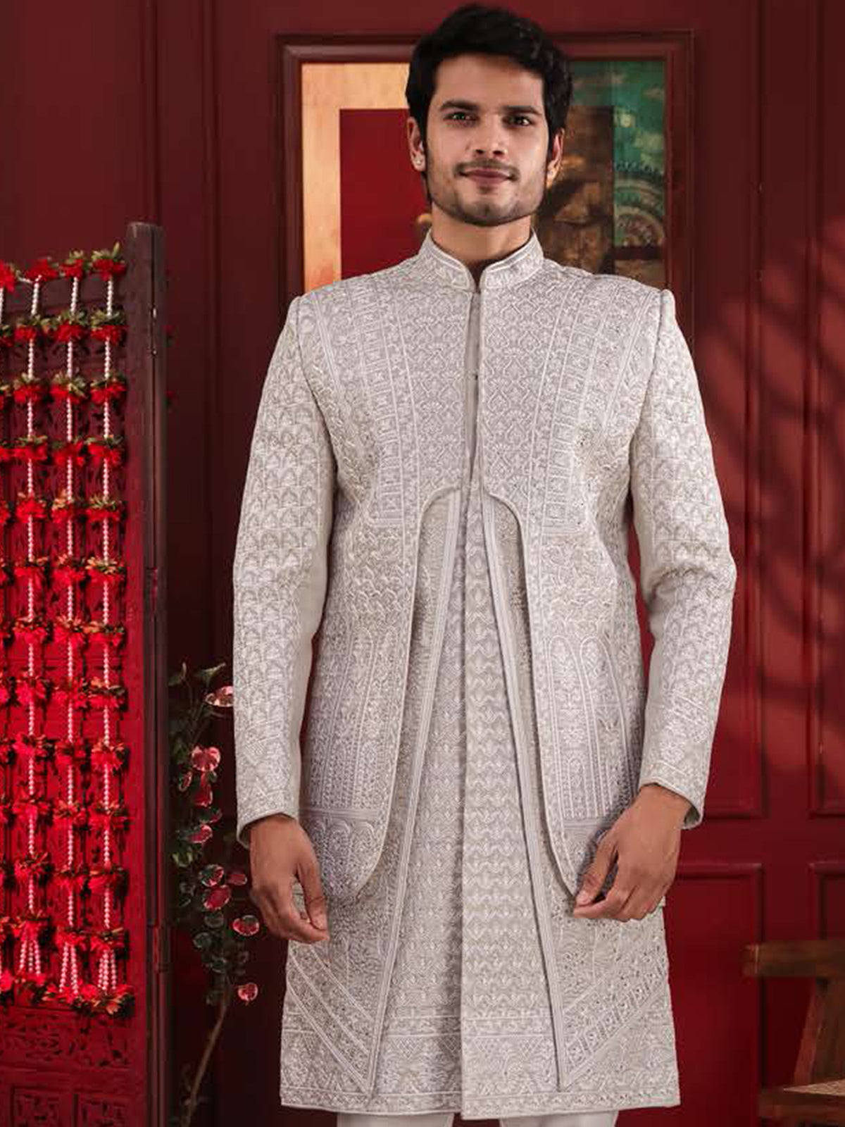 Ivory Geometric Threadwork Indo-Western Sherwani