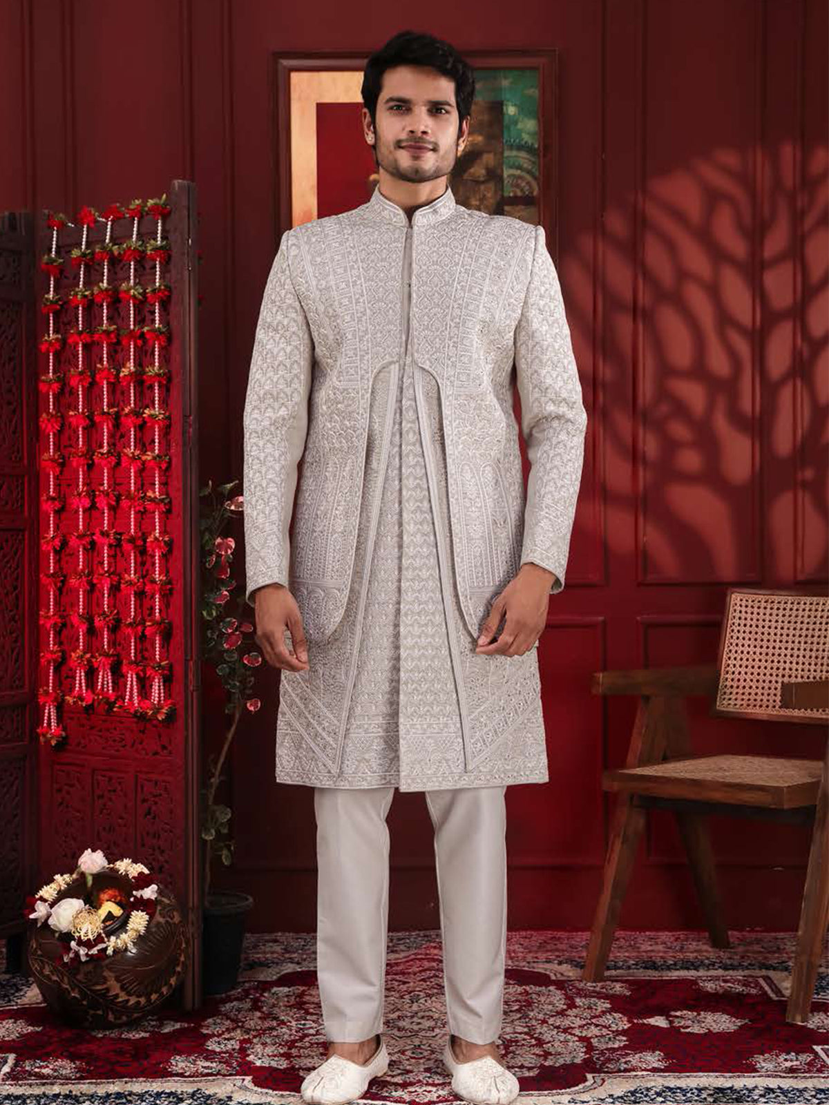 Ivory Geometric Threadwork Indo-Western Sherwani