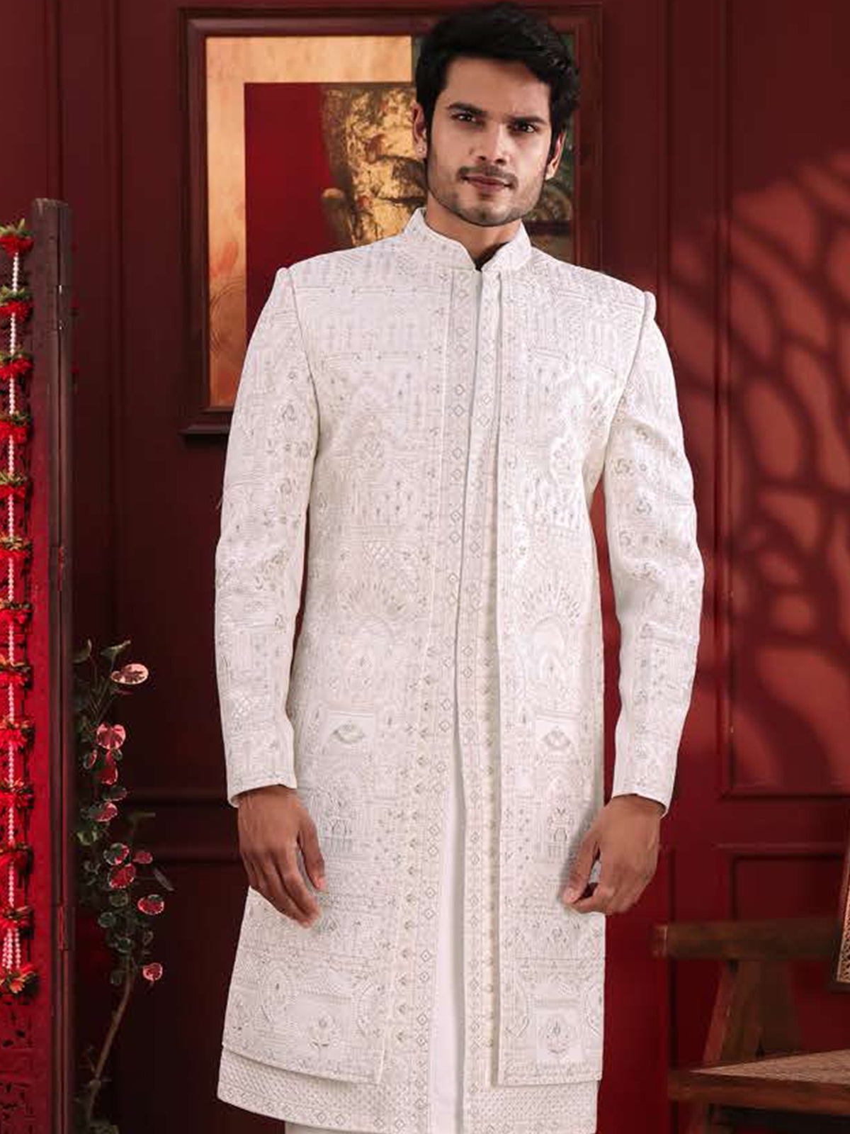 White Royal Threadwork Sherwani Set
