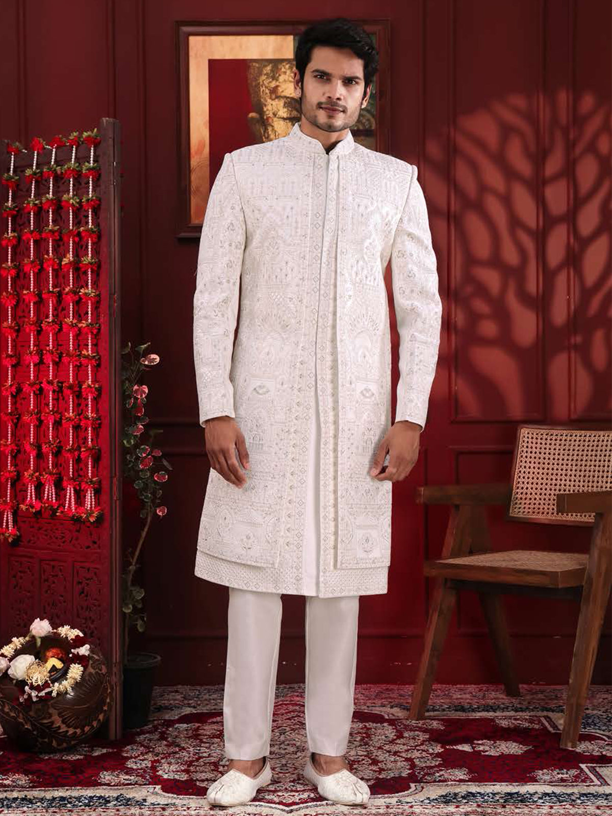 White Royal Threadwork Sherwani Set