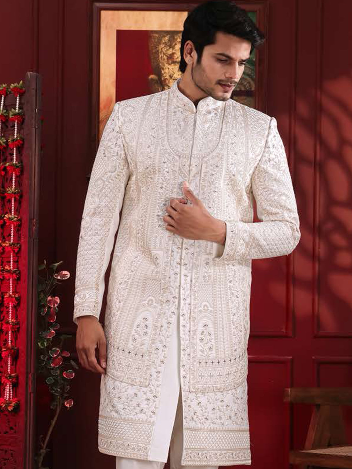 Ivory Detailed Paisley Sherwani Set