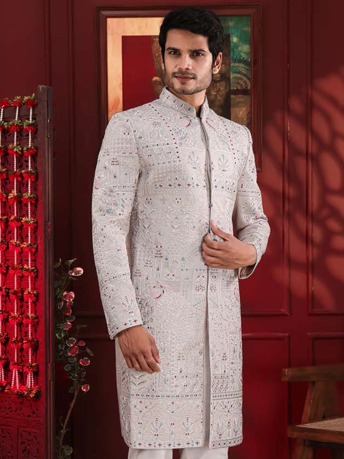 White Artistic Threadwork Indo-Western Sherwani