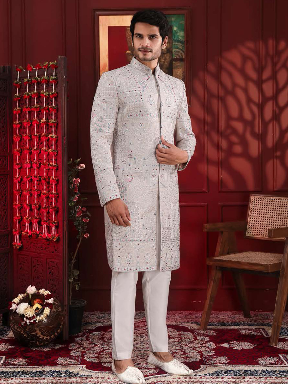 White Artistic Threadwork Indo-Western Sherwani