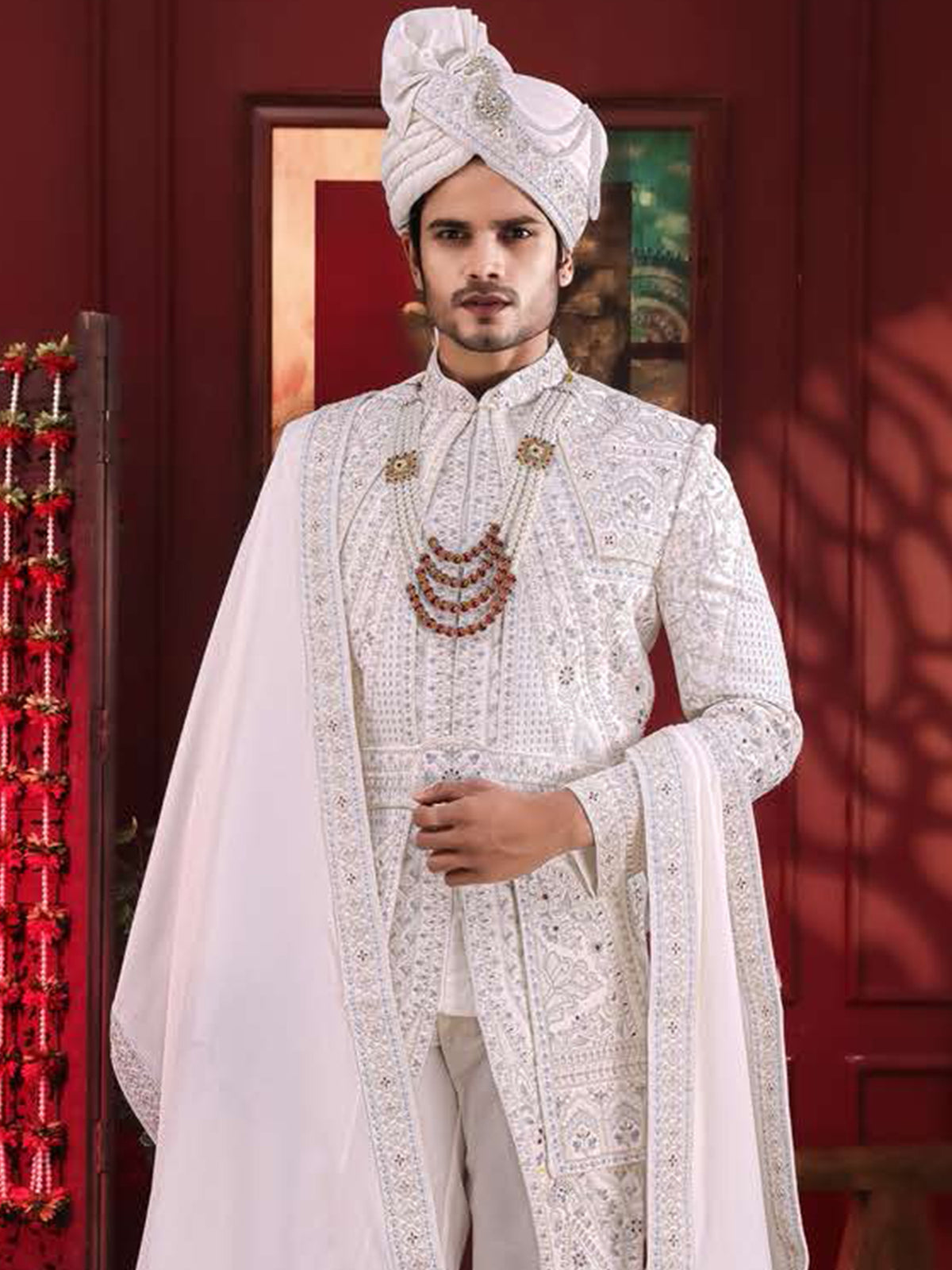 Ivory Royal Motif Indo-Western Sherwani Set