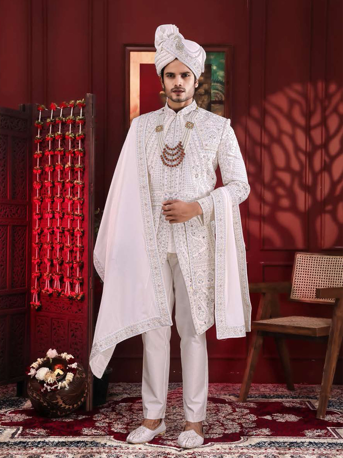 Ivory Royal Motif Indo-Western Sherwani Set