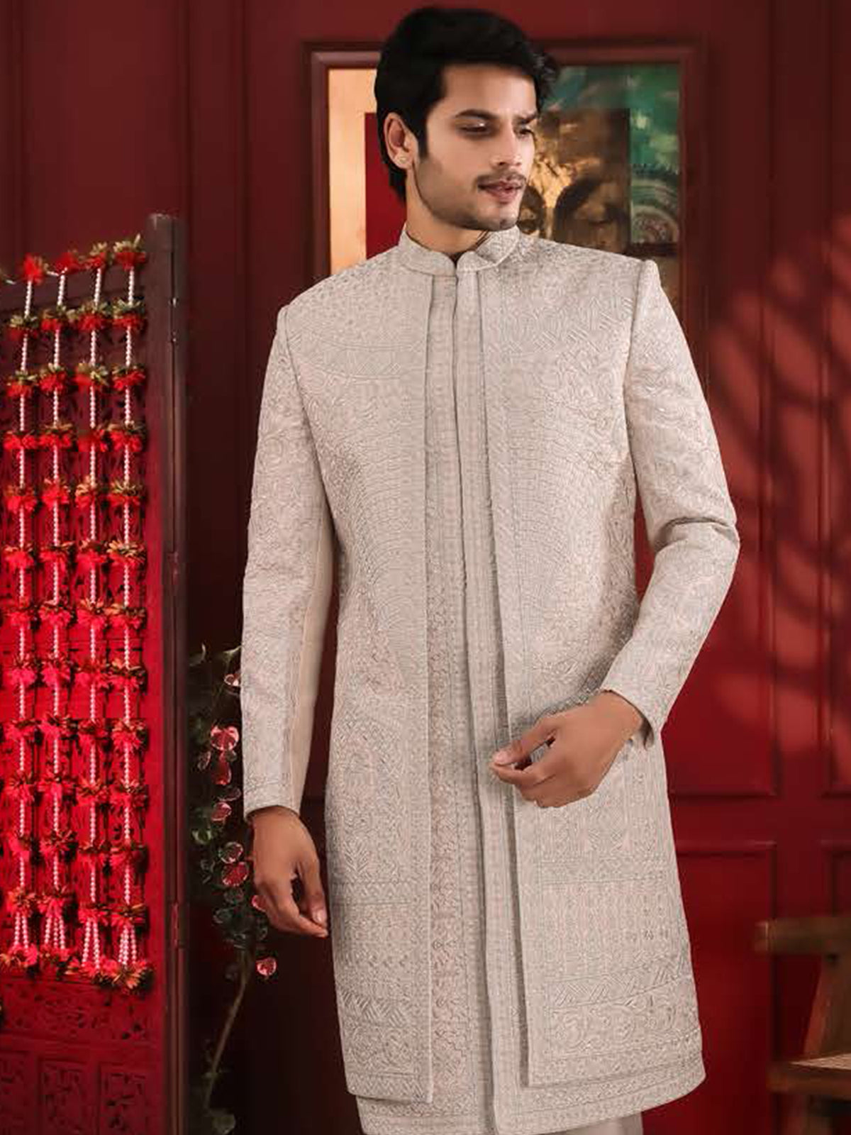 Beige Threadwork Indo-western Sherwani