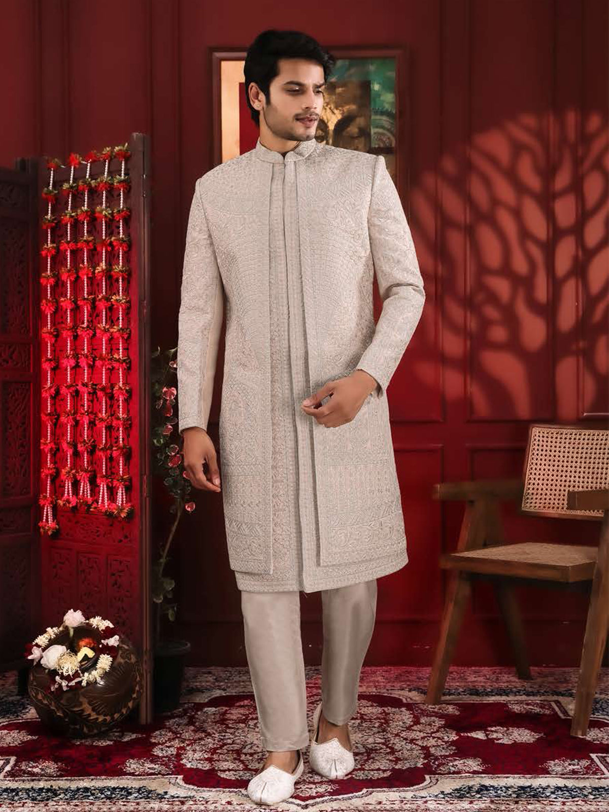 Beige Threadwork Indo-western Sherwani
