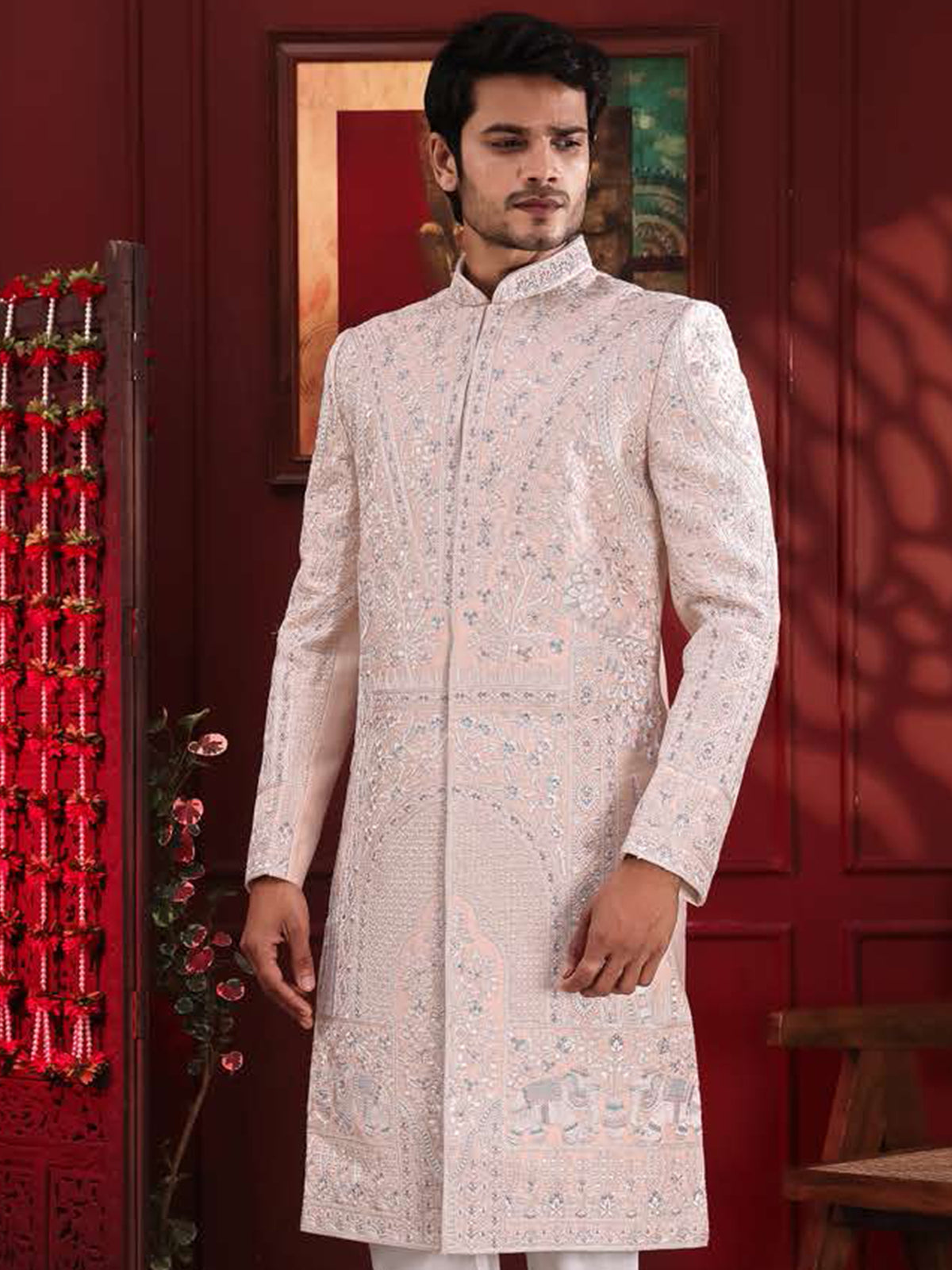 Blush Peach Patterned Indo-Western Sherwani