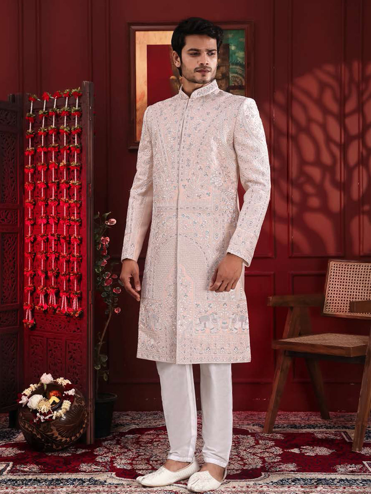 Blush Peach Patterned Indo-Western Sherwani