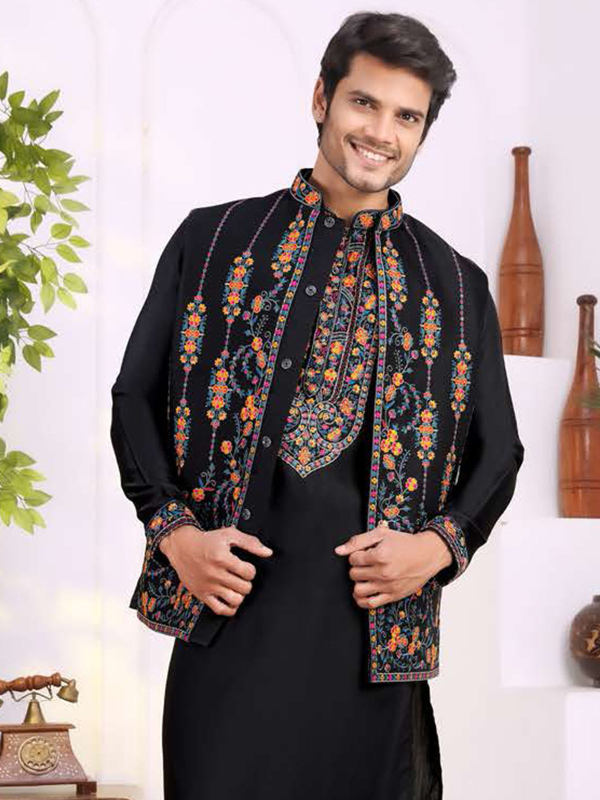 Black Multicolor Floral Embroidered Kurta Set