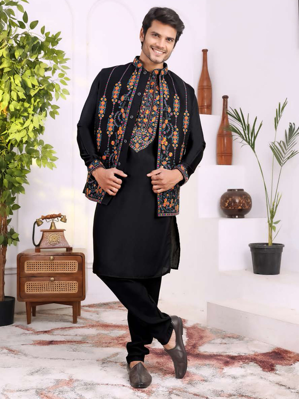 Black Multicolor Floral Embroidered Kurta Set