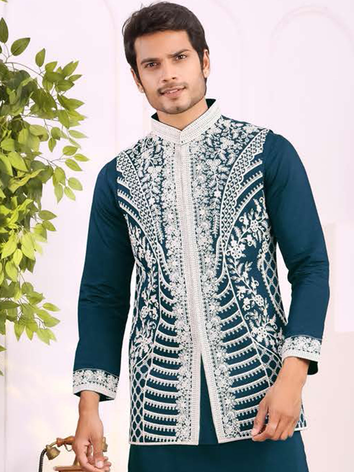Teal Blue Floral Embroidered Kurta Jacket Set