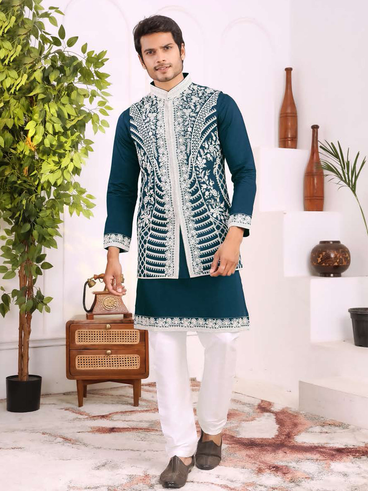 Teal Blue Floral Embroidered Kurta Jacket Set