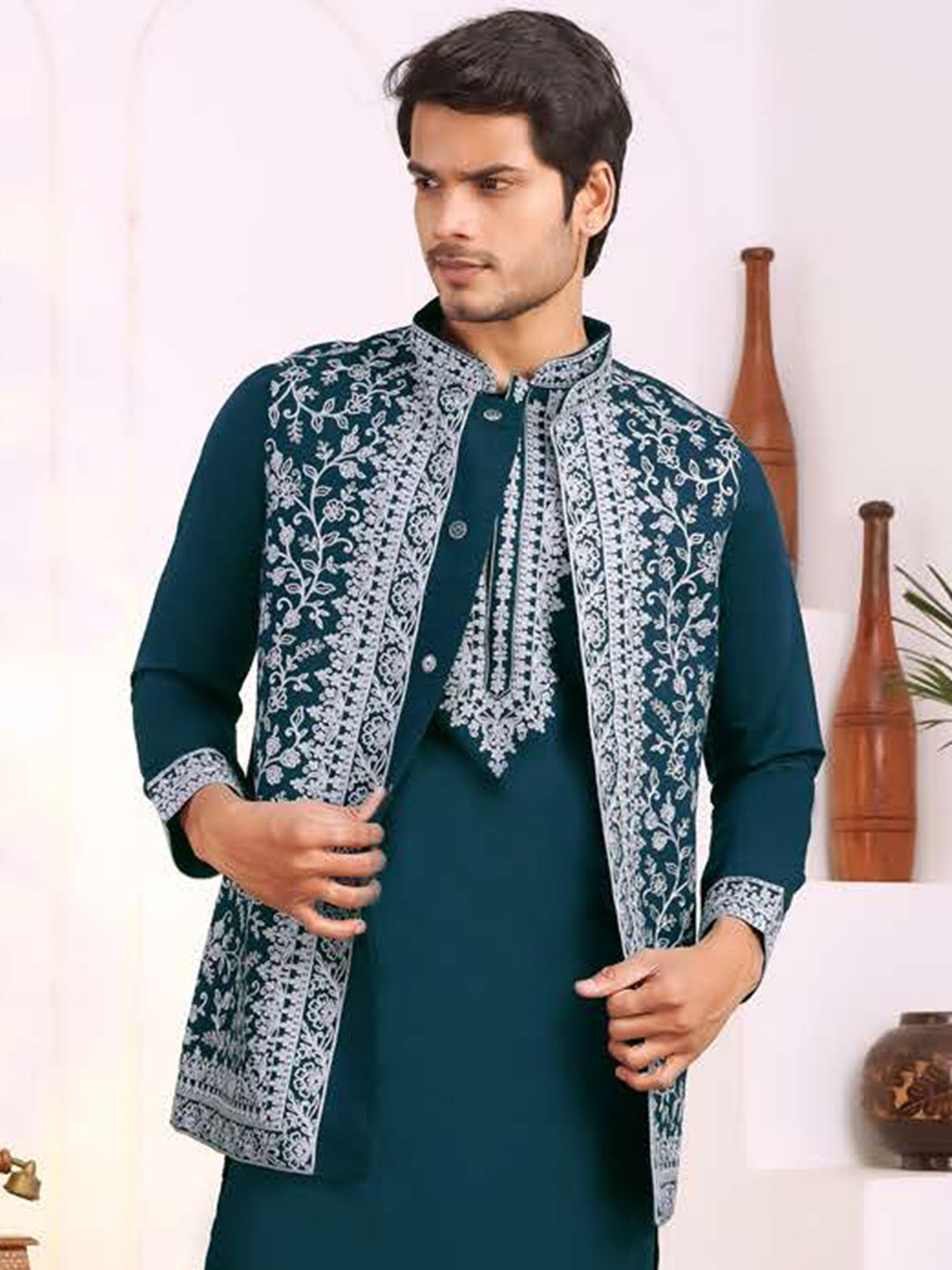Deep Teal Ornate Threadwork Kurta Set