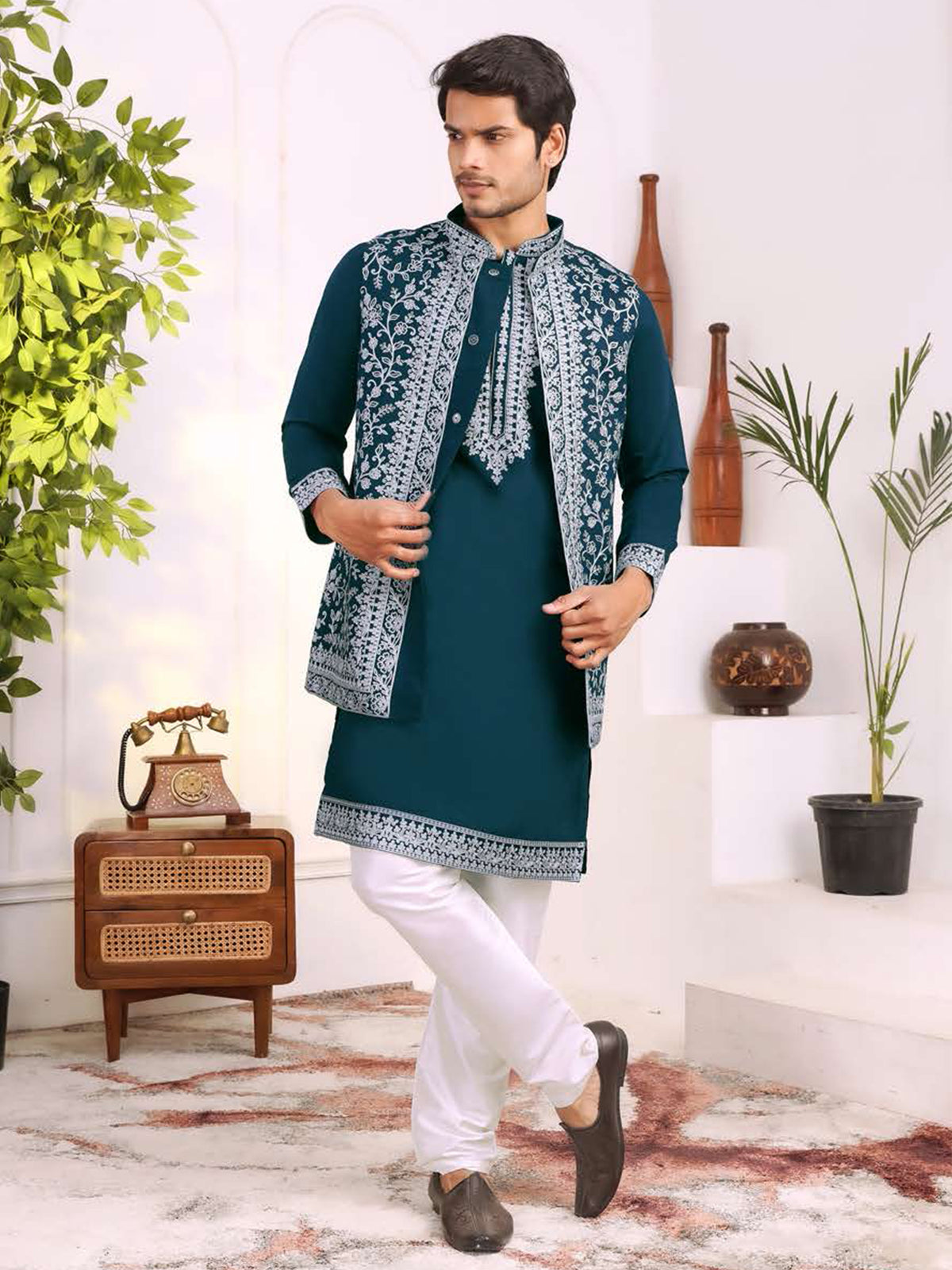 Deep Teal Ornate Threadwork Kurta Set