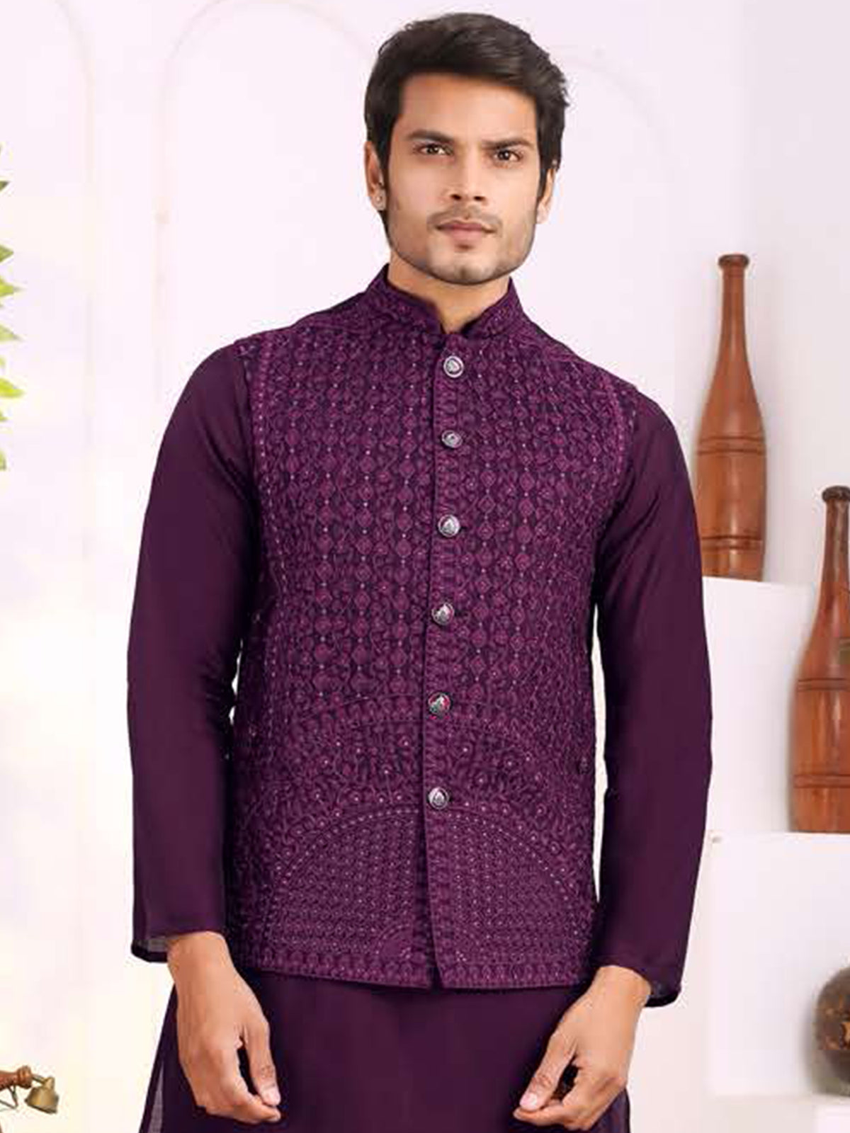 Wine Purple Textured Kurta Jacket Set