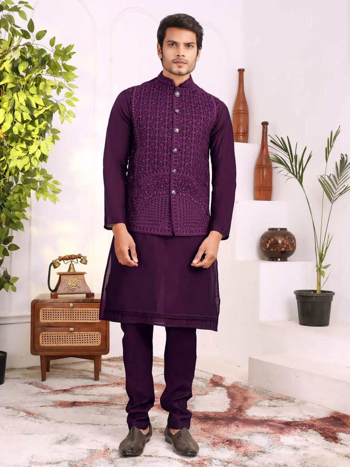 Wine Purple Textured Kurta Jacket Set