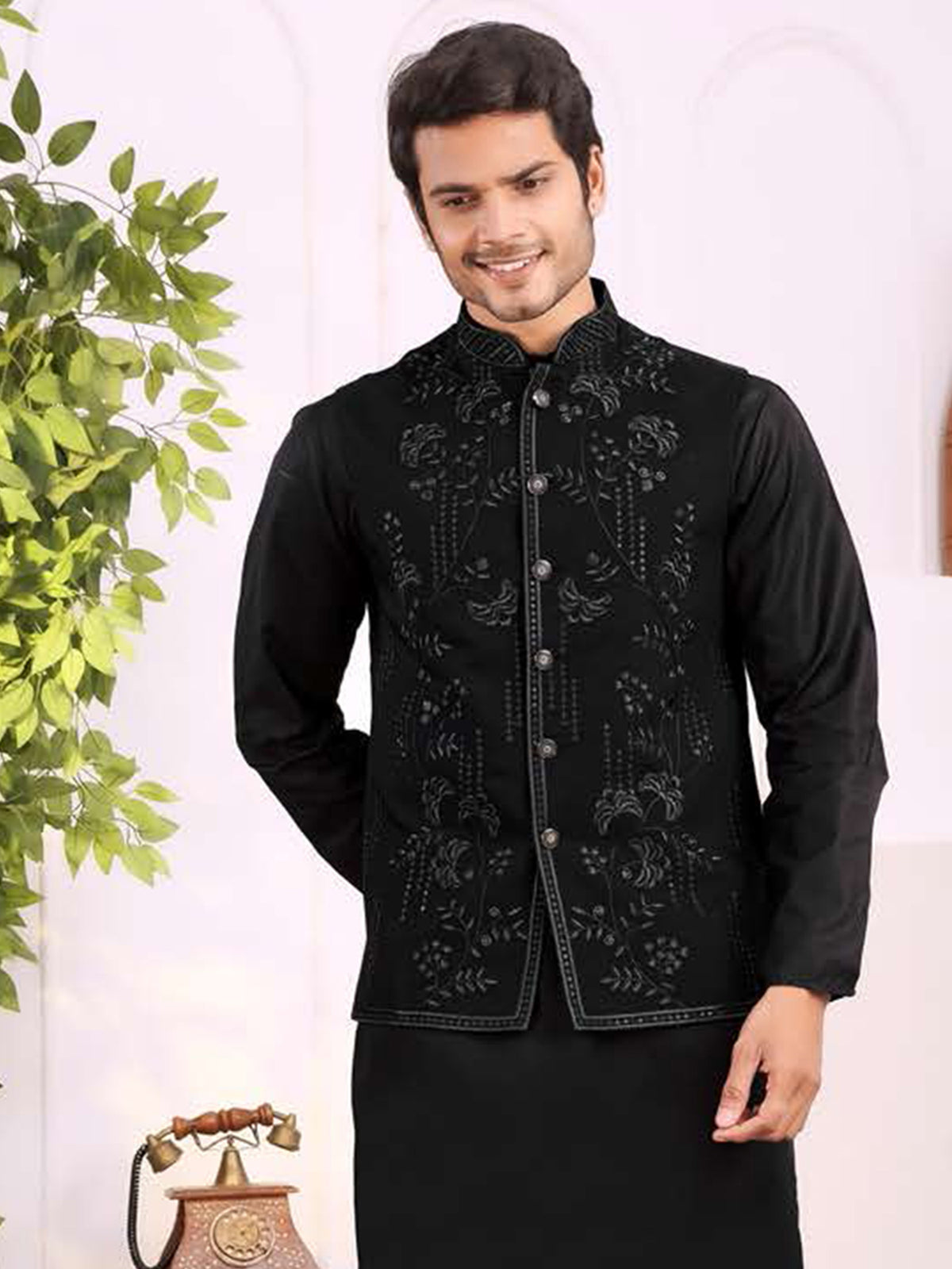 Black Regal Floral Jacket Kurta Set
