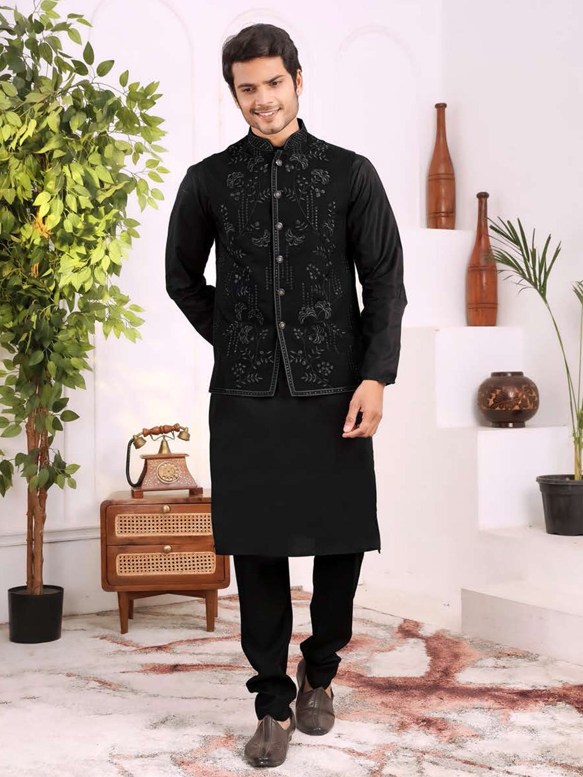 Black Regal Floral Jacket Kurta Set