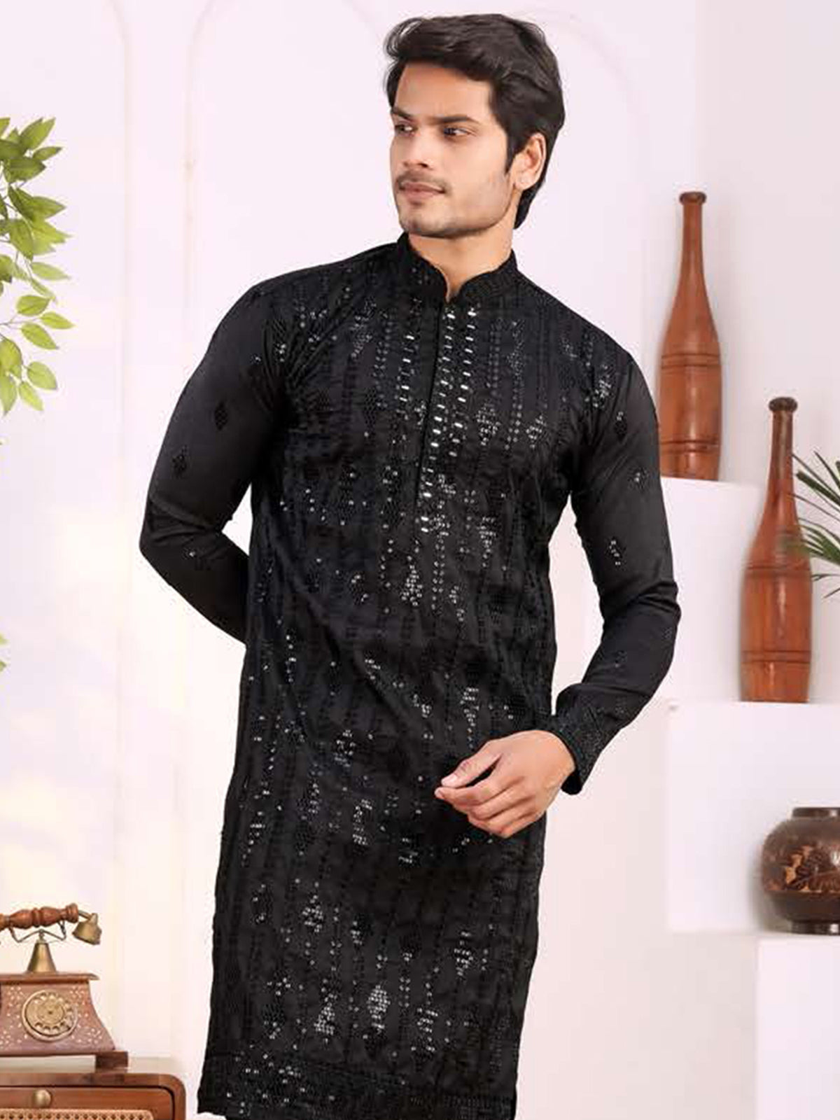 Black Shimmer Pattern Kurta Set