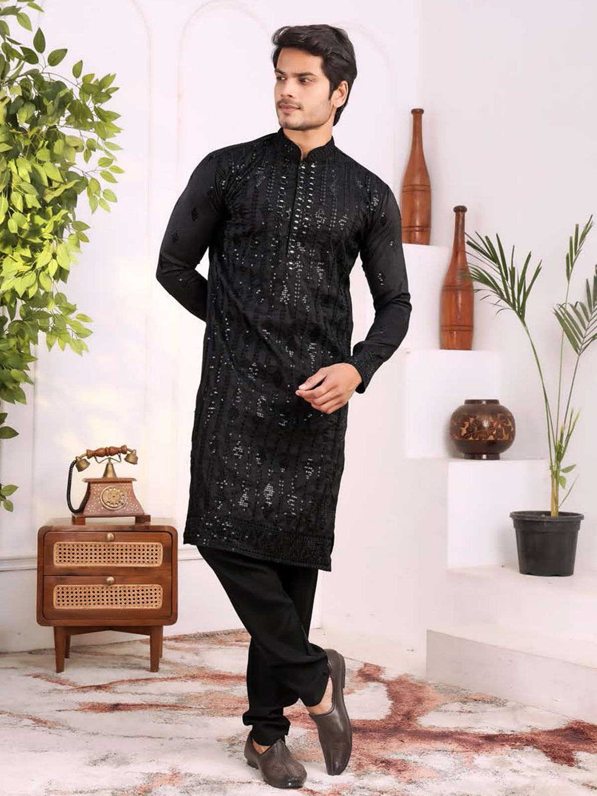 Black Shimmer Pattern Kurta Set
