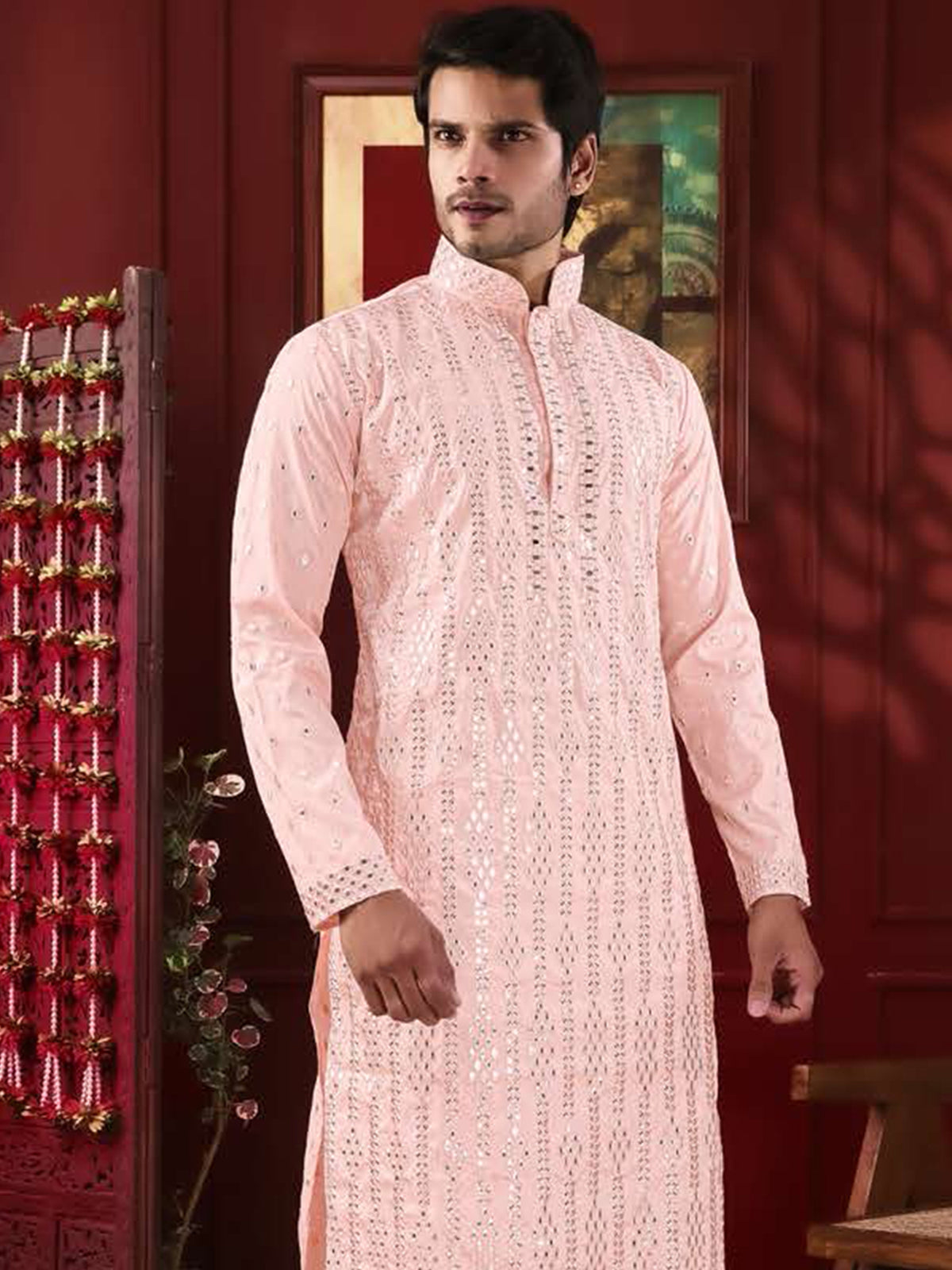 Light Pink Patterned Silk Kurta Set