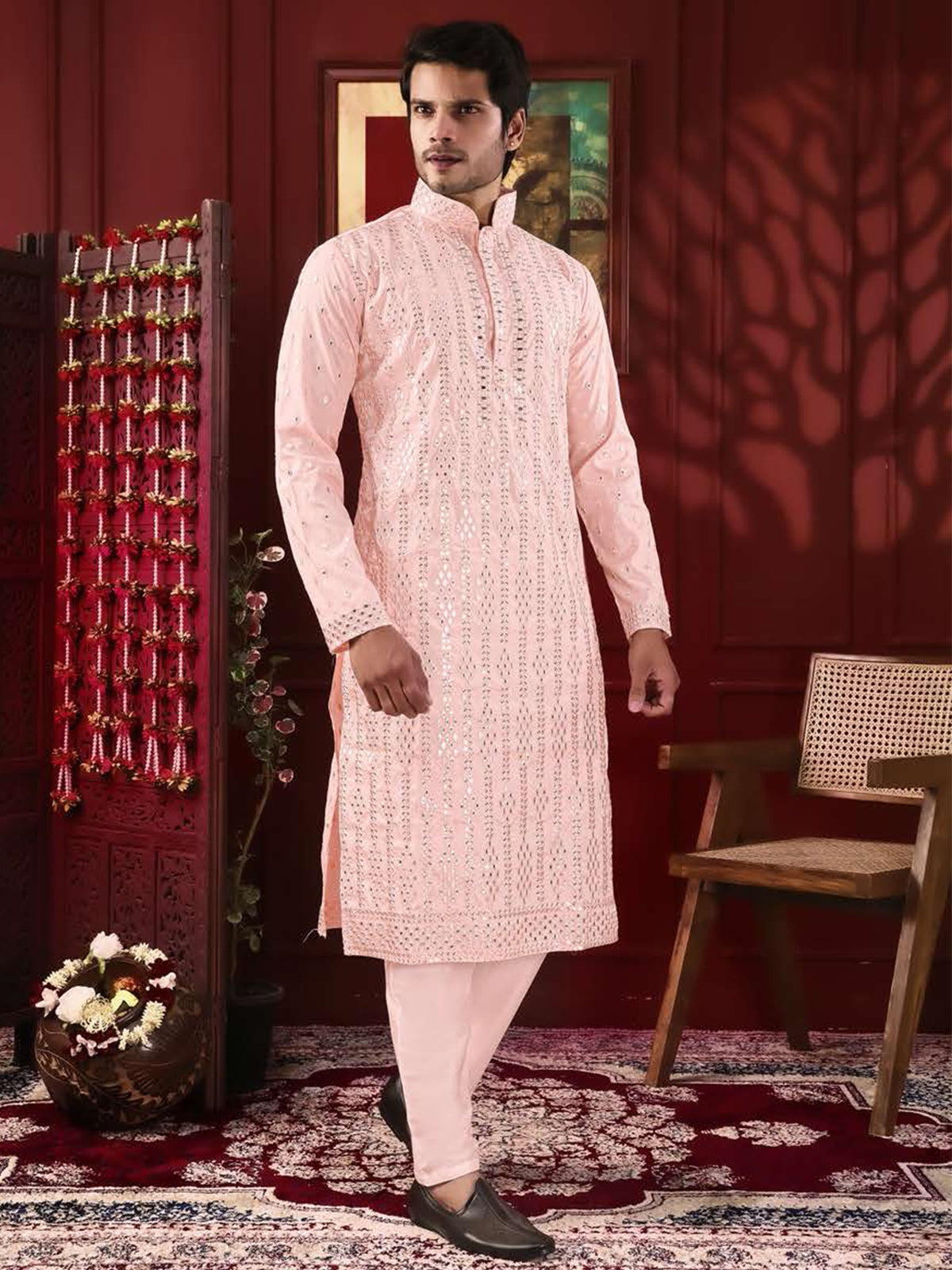 Light Pink Patterned Silk Kurta Set