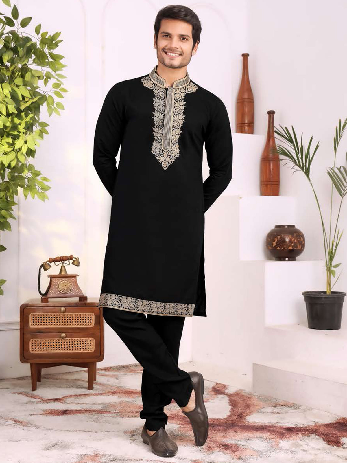 Black Gold Embroidered Kurta Pajama