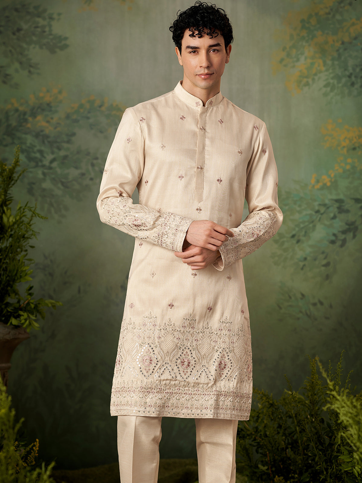 Cream Heavy Cuff Embroidered Kurta