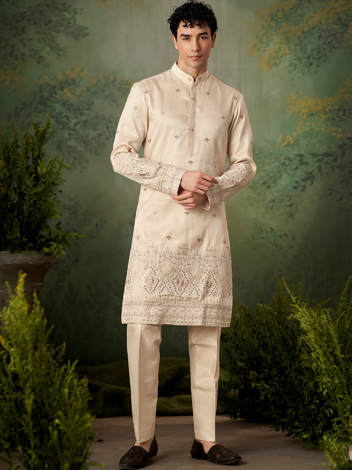 Cream Heavy Cuff Embroidered Kurta