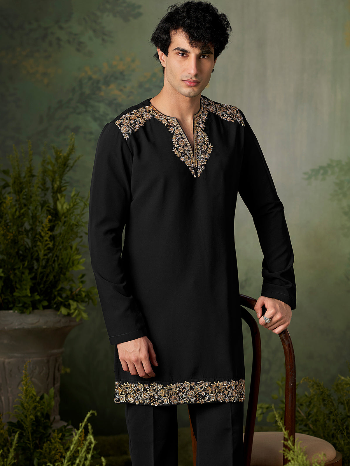 Black Gold Embroidered Silk Kurta Set