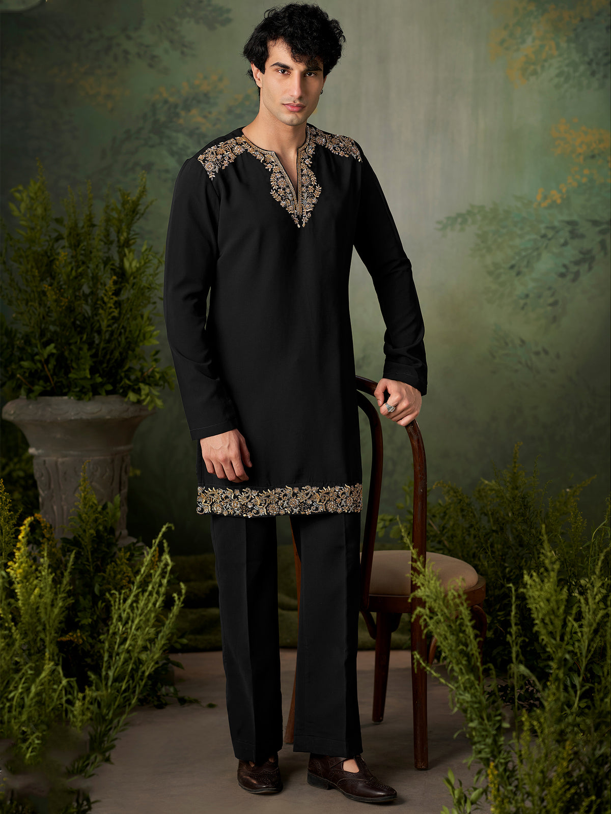 Black Gold Embroidered Silk Kurta Set