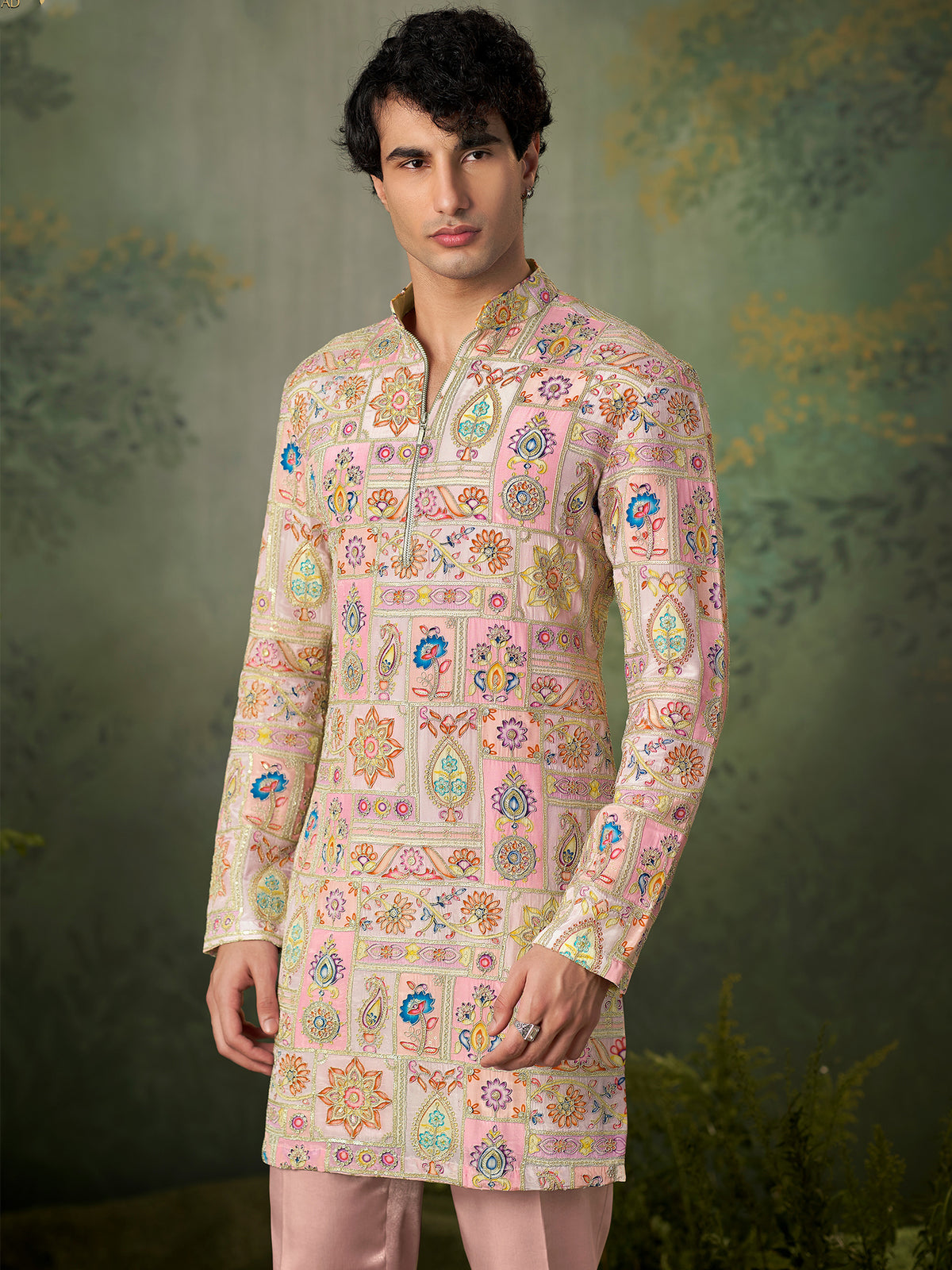 Light Pink Floral Threadwork Kurta Pajama