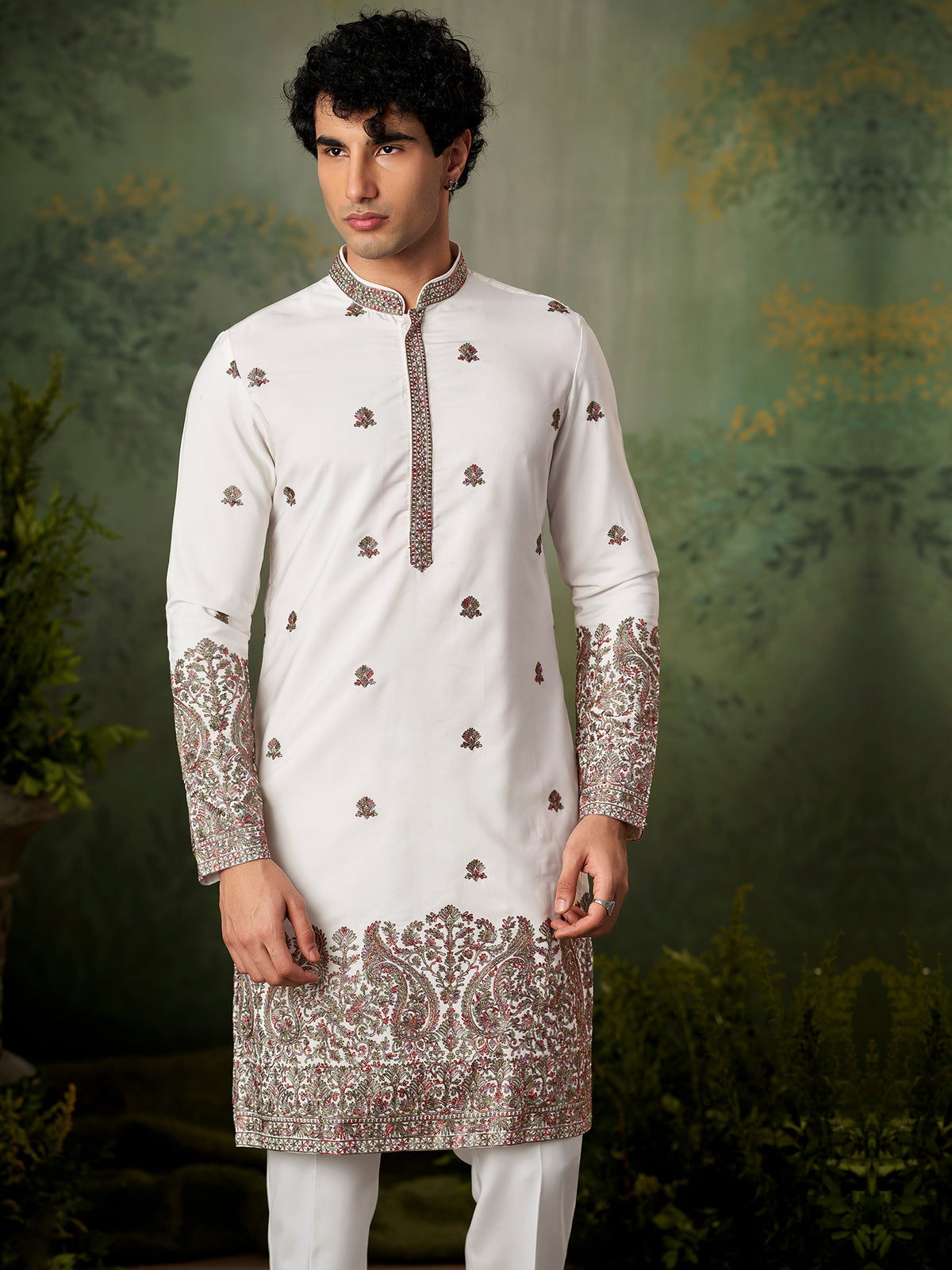 Off White Paisley Threadwork Kurta Set